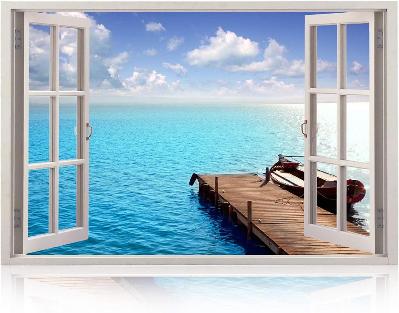 Realistic Window Wall Decal – Peel and Stick Nautical Decor for Living Room, Bedroom, Office, Playroom – Dock Wall Murals Removable Window Frame Style Ocean Wall Art – Vinyl Poster Wall Stickers