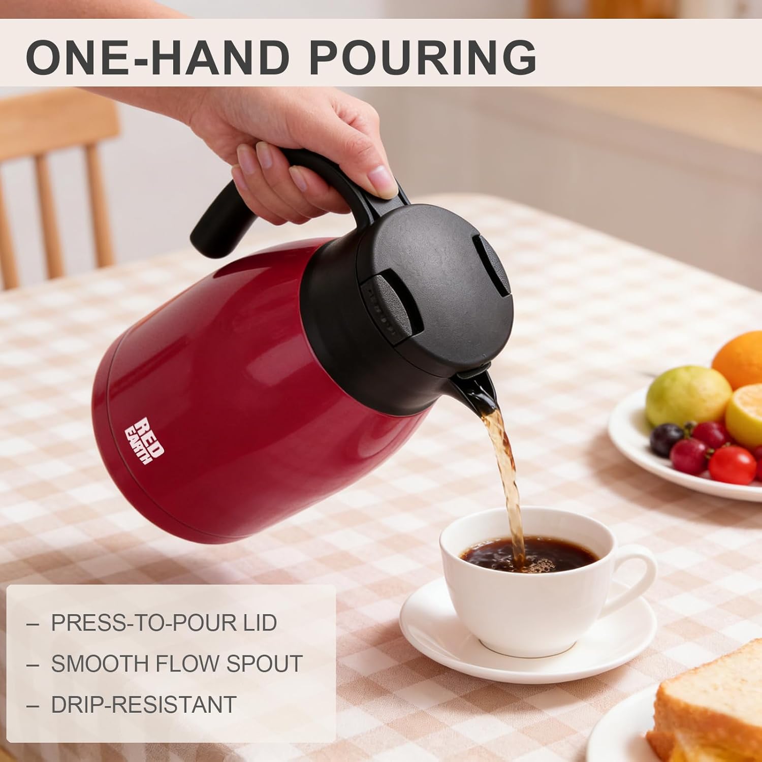 RED EARTH 51oz Thermal Coffee Carafe, Stainless Steel Vacuum Insulated, Press Button Lid, 1.5L (Brick Red)