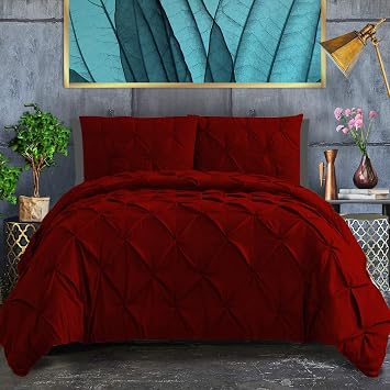 1000 Thread Count 100% Egyptian Cotton 1-Piece Pinch Pleated Duvet Cover with Zipper & Corner Ties Pintuck Decorative Duvet Cover - Super King Plus Size (120 x 120) Inch, Burgundy Solid