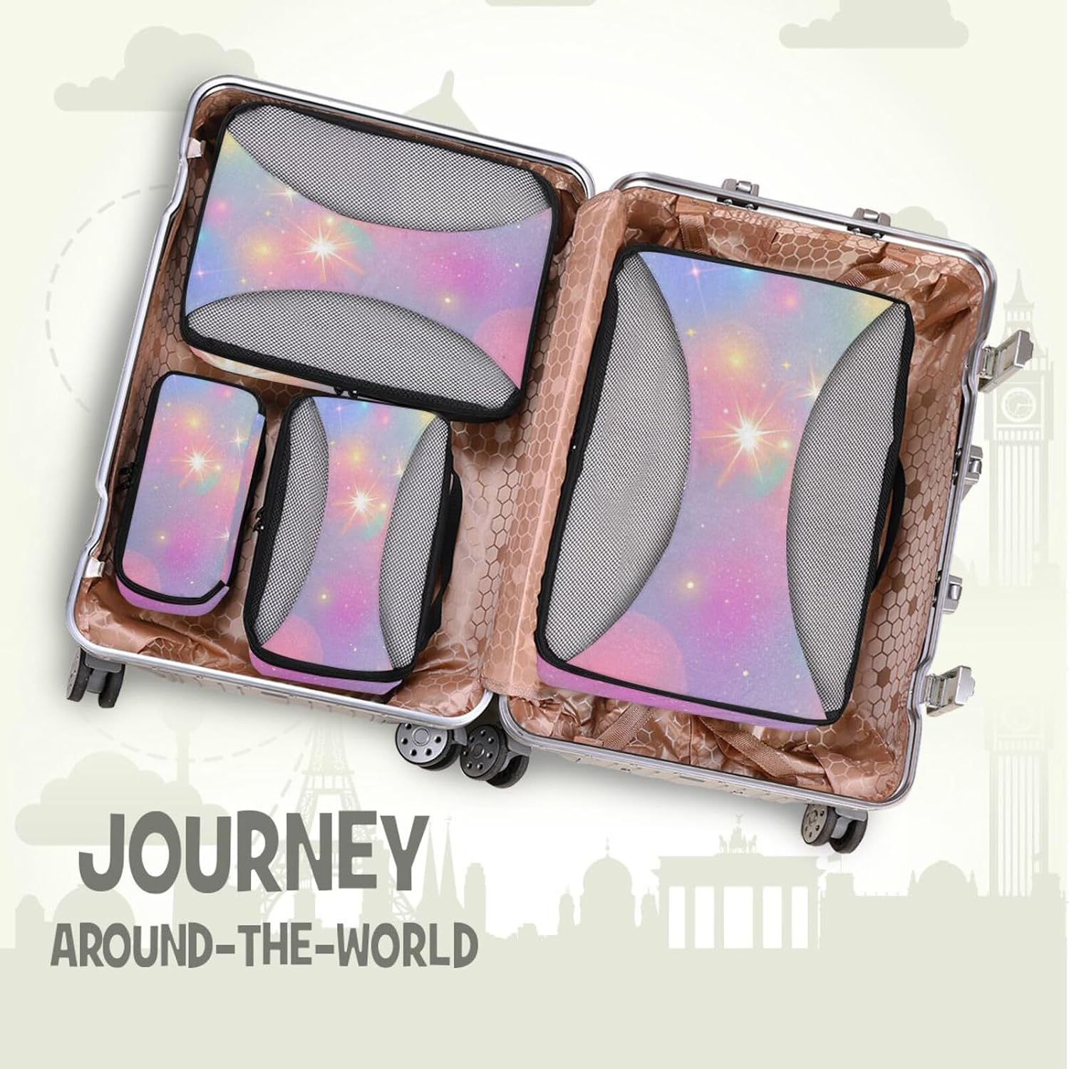 Colored Romantic Glitter 4 Pcs set organizer for closet Mesh Travel Essentials lightweight packing cubes for women