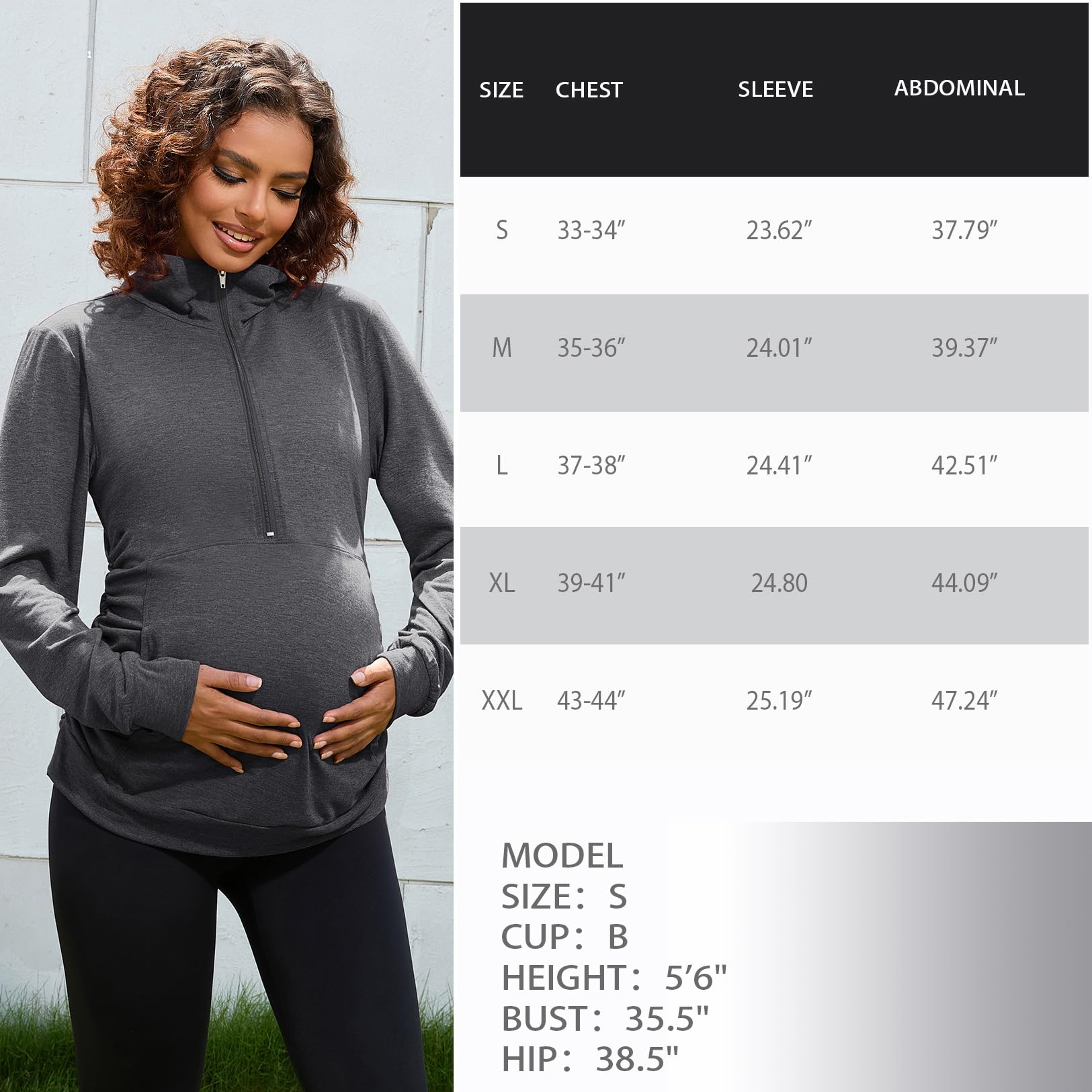 DEBELLY Umstandsshirt mit Tasche für Damen, Revers, lässig, Schwangerschaft, Langarm, Reißverschluss, Kapuzenpullover