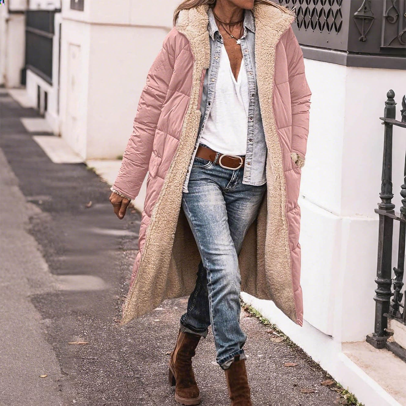 Damen Langer Wintermantel mit Kapuze Reißverschluss Taschen Warm Gefütterte Jacke Frauen Winterparka Zweifach Tragbar Lange Steppjacke für Alltag Büro Reisen Outdoor