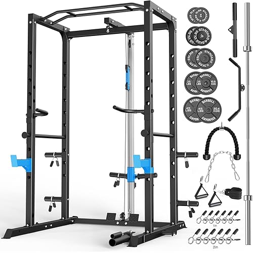 ULTRA FUEGO Power Cage, Multi-Functional Power Rack with J-Hooks, Dip Handles, Landmine Attachment and Optional Cable Pulley System for Home Gym