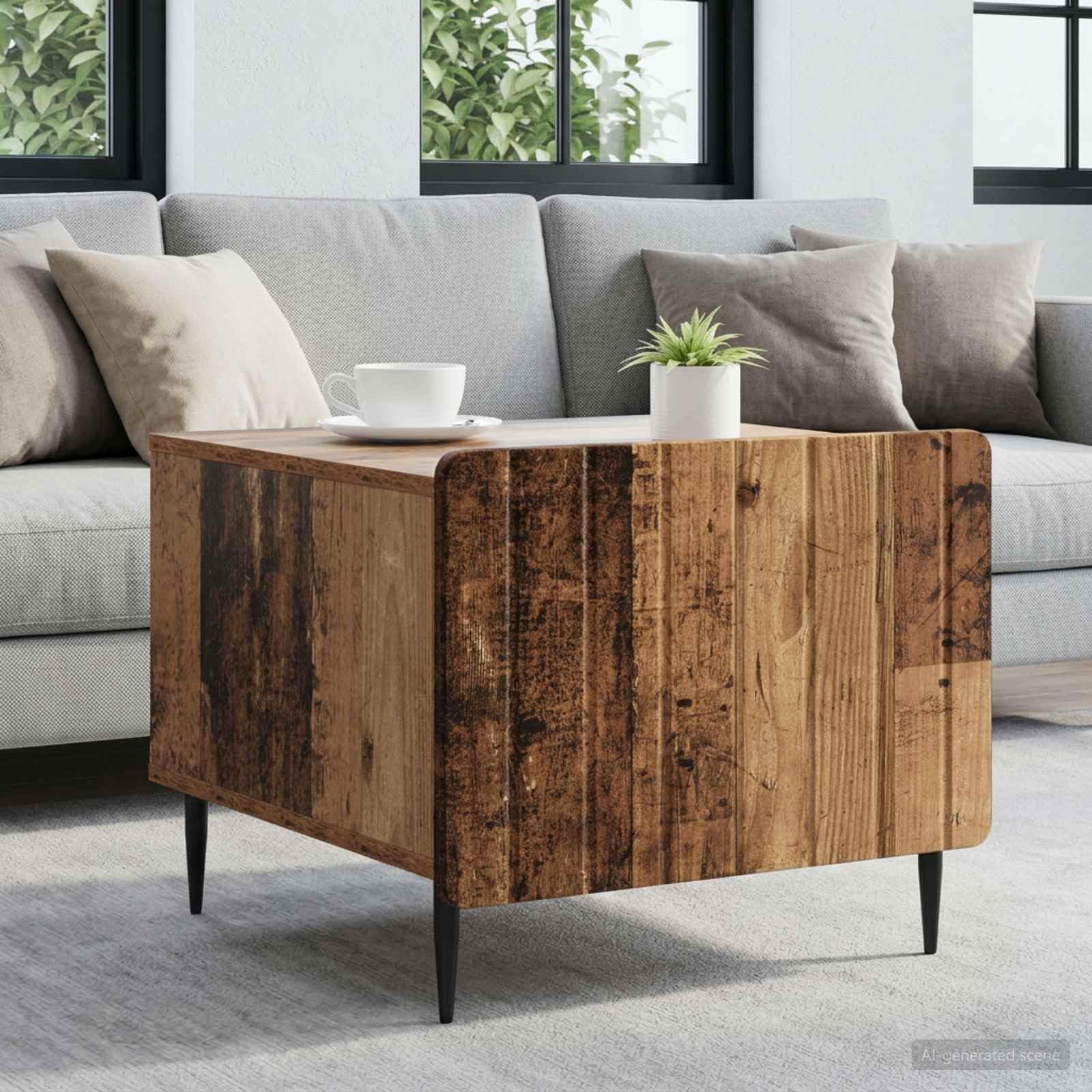 Stolik kawowy z szufladami ze starego drewna, 49 x 50 x 42 cm, materiał drewnopochodny, stolik do salonu, z miejscem do przechowywania, stolik pomocniczy, stół do odkładania, nowoczesny
