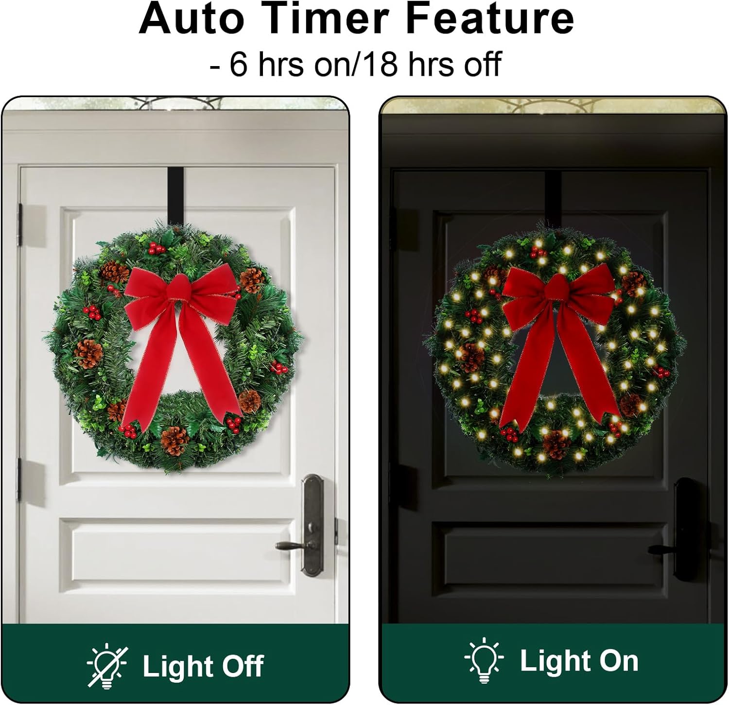 24" Prelit Christmas Door Wreath with Timer - 50 LED - Waterproof Battery Operated Artificial Wreath with Pinecone Berries and Bowknot for Christmas Decorations Including Wreath Hanger