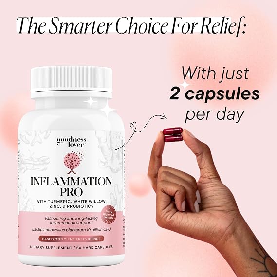 Goodness Lover Inflammation Pro, Turmeric Curcumin Supplement, 60 Capsules | Meriva Curcumin 500mg | LP299V Probiotics 10B CFU | PepZinGI Zinc L-Carnosine | White Willow Bark | Vegan | 30 Servings