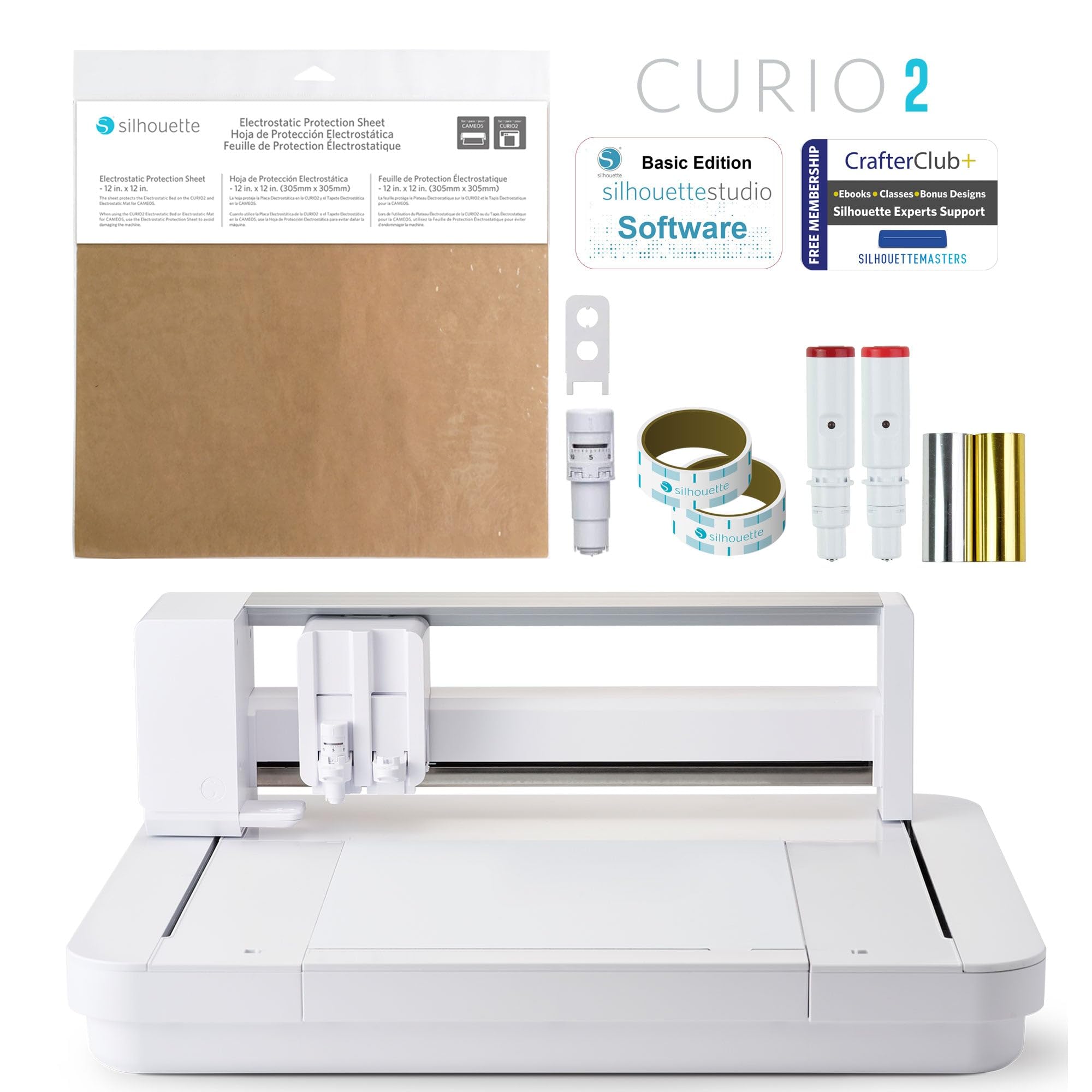 Silhouette Curio 2 12 inch Wide Format Flatbed Cutter with Electrostatic Bed, and Silhouette Studio Bundle- Including The Heat Pen Set and CrafterClub…