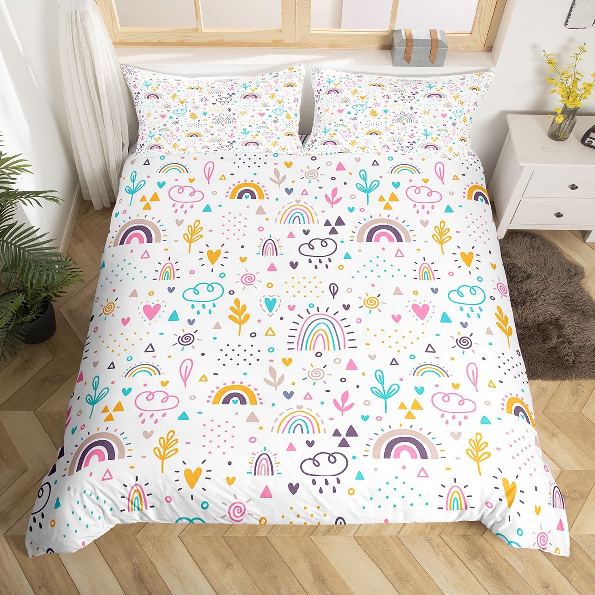 Homewish Kawaii Rainbow Comforter Set Twin - Colorful Flower Bedding, 1 Comforter & 1 Pillowcase