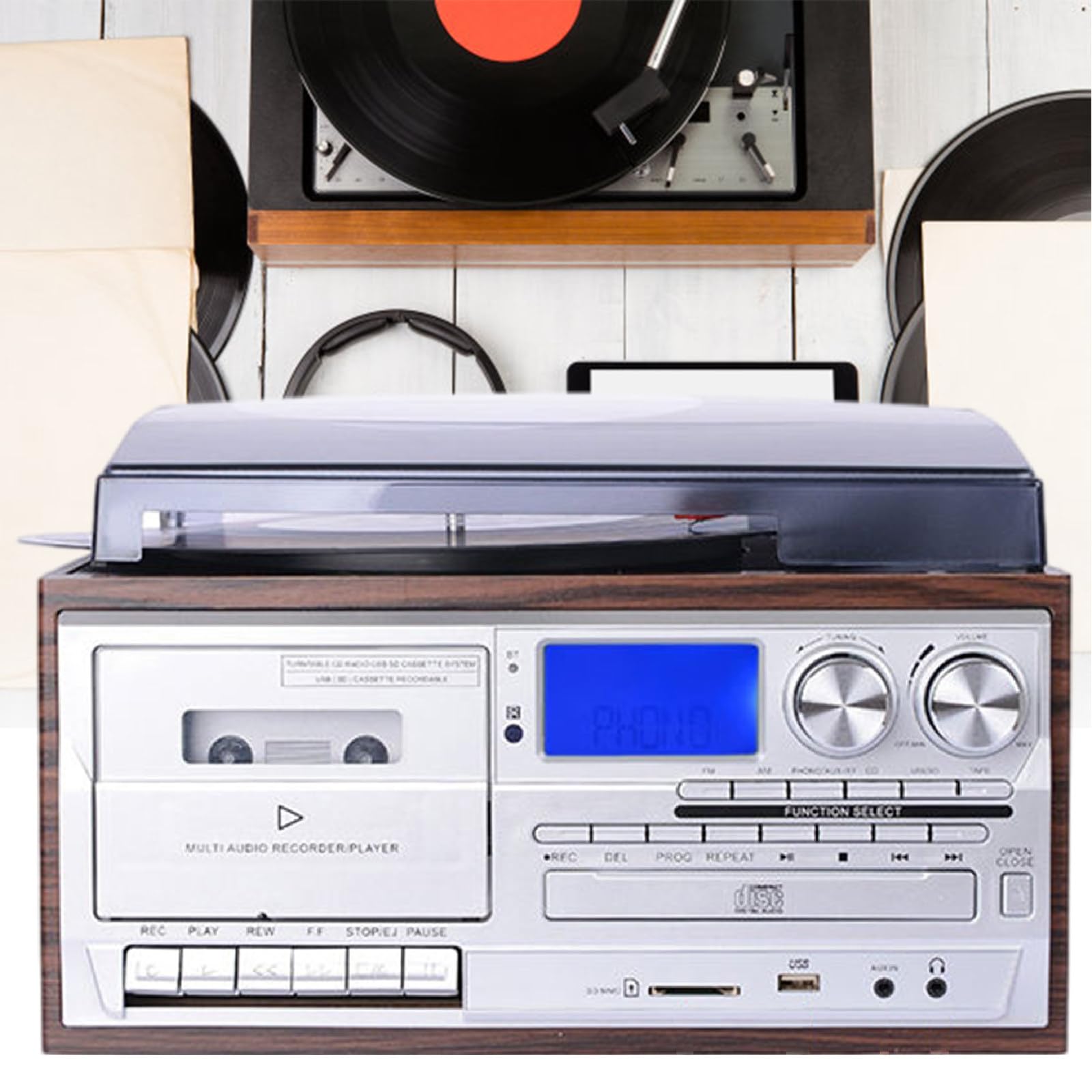 WDWDW Cassette Player Bluetooth CD Boombox Portable Radio Record with 3-Speed Turntable,AM/FM,USB/SD Input,and Remote