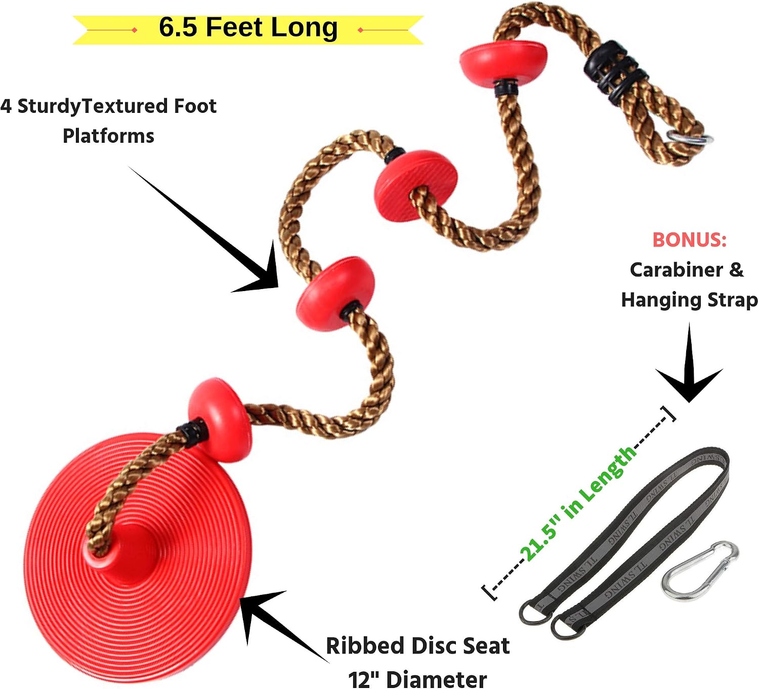 Rope Swing for Tree - Climbing Rope for Kids - Disc Swings for Outside with Platform, 6.5 Feet with Carabiner and Tree Hanging Strap - Red Disc Swing