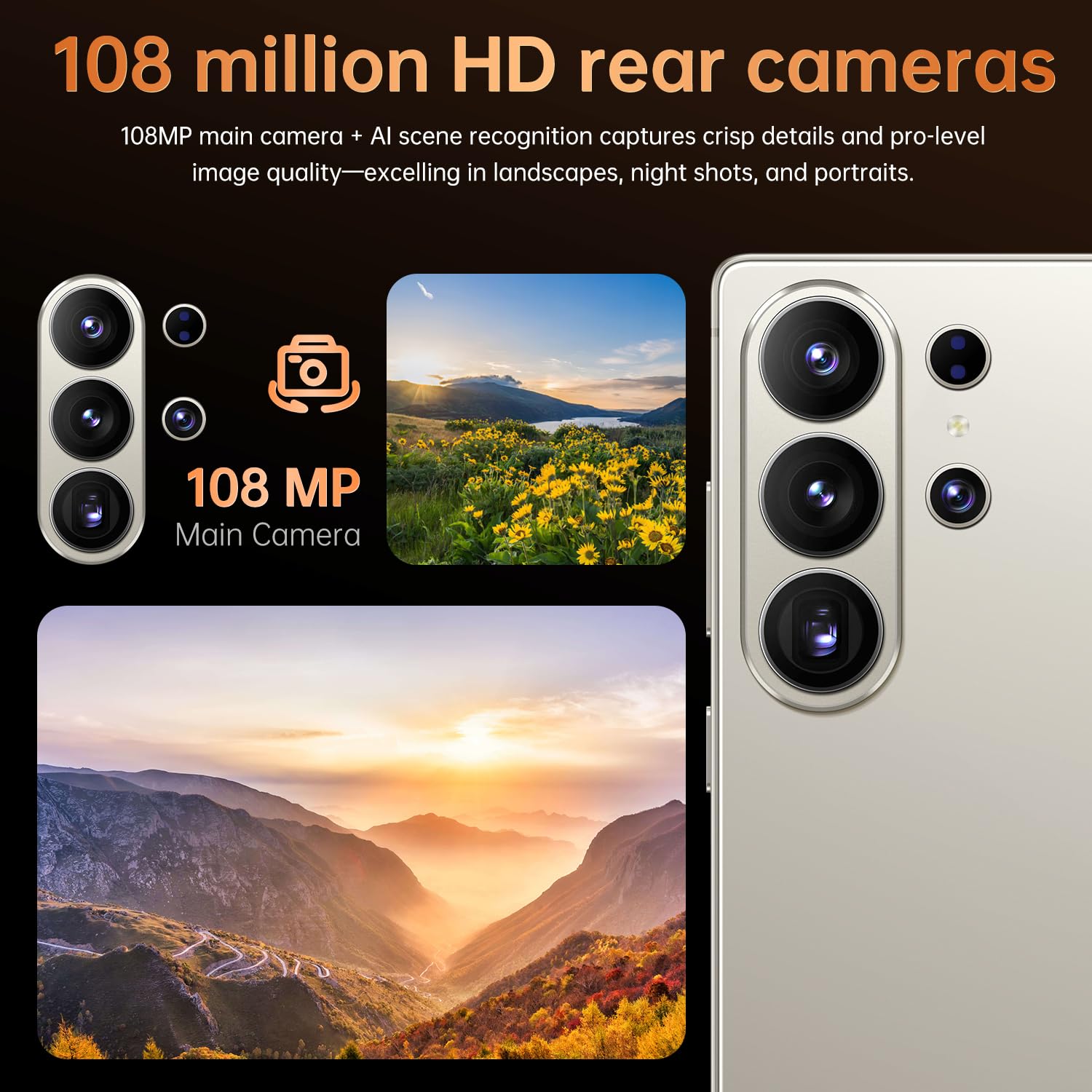 S26 Ultra Unlocked Smartphone, 7.3” 4K ULTRAHD Perforated Display, Snapdragon 8 Gen 4, 108MP+78MP Camera, 12GB+512GB, 8000mAh Battery, Built-in Pen, Dual SIM 5G (Orange) - 2