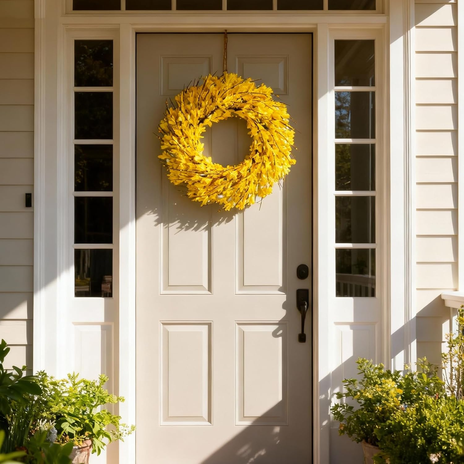 Bibelot 22inch Artificial Forsythia Flower Wreaths Spring Summer Fall Wreath Silk Leaves Wreath for Front Door Wreaths Porch Farmhouse Patio Garden Home Decor (yellow)