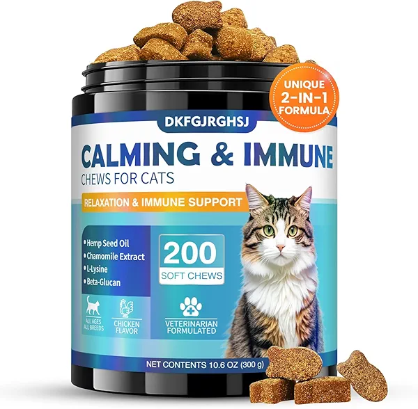 DKFGJRGHSJ Cat Calming Treats, 200 Hemp Calm Soft Chews to Soothe Stressed Cats Anxiety Relief Reduce Stress & Promote Relaxation Immune Support Chicken Flavored