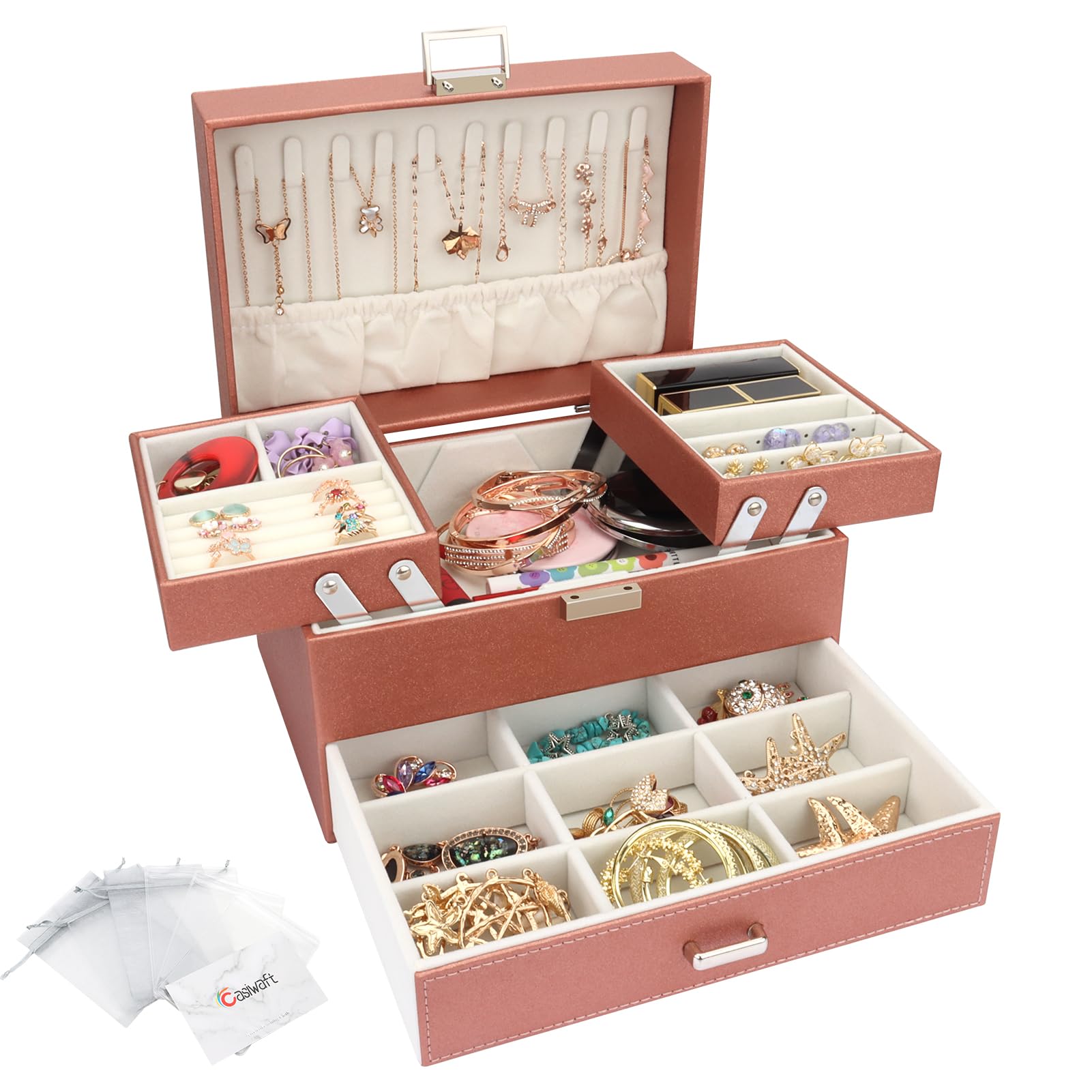 Schmuckkasten, Schmuckkästchen mit Schubladen für Damen Mädchen, PU-Leder Jewelry Box Schmuckbox Schmuckschatulle Groß Schmuckaufbewahrung für Ringe Ohrringe Armbänder Halsketten, Roségold