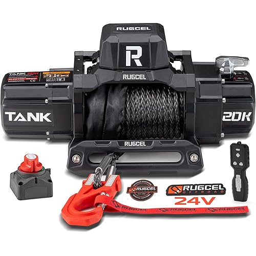RUGCEL Tank Series 20000lb Heavy Duty Waterproof Electric Winch – 24V Synthetic Rope (85' x 7/16") with 2-in-1 (Infrared+Wired) Remote, for Truck, SUV & RV