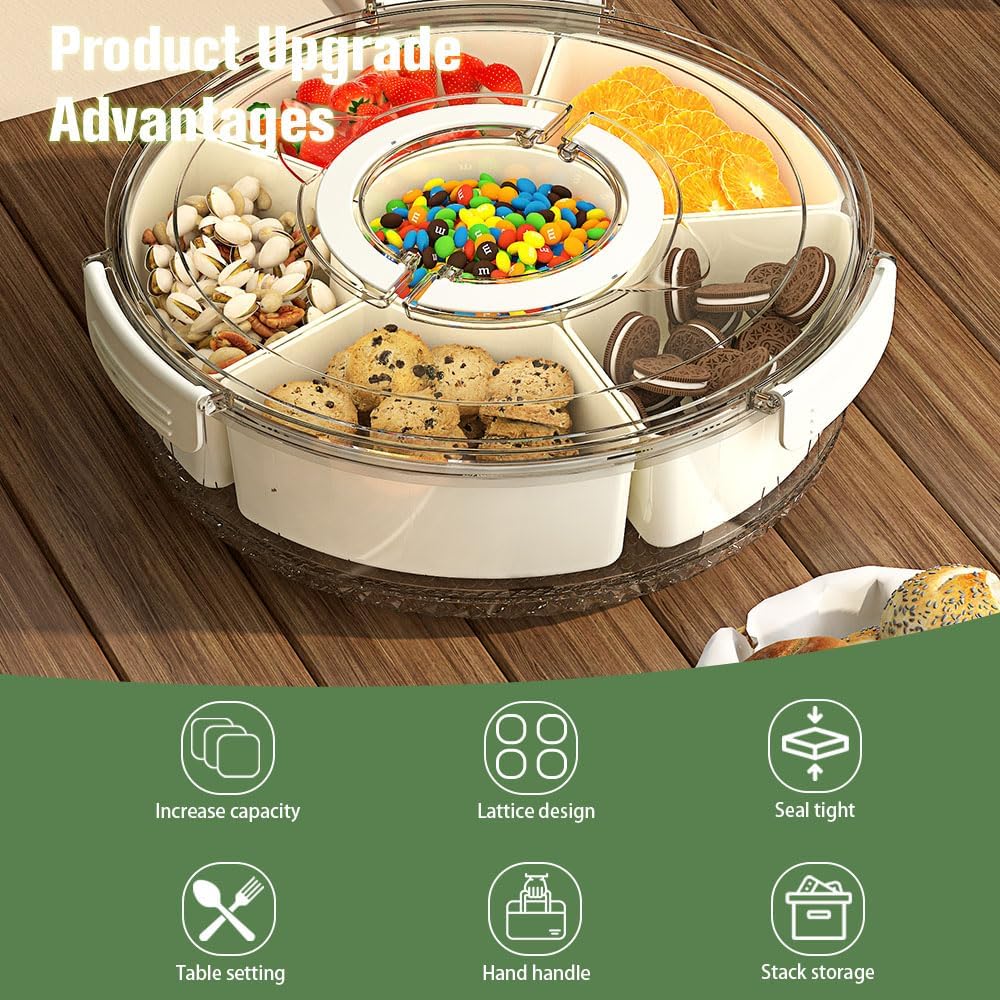 Divided Serving Tray with Lid and Handle, Portable Snackle Box for Veggie, Fruit Snacks Organizer, Clear Snack Spinner Container for Outdoor, Kitchen, Party, Travel