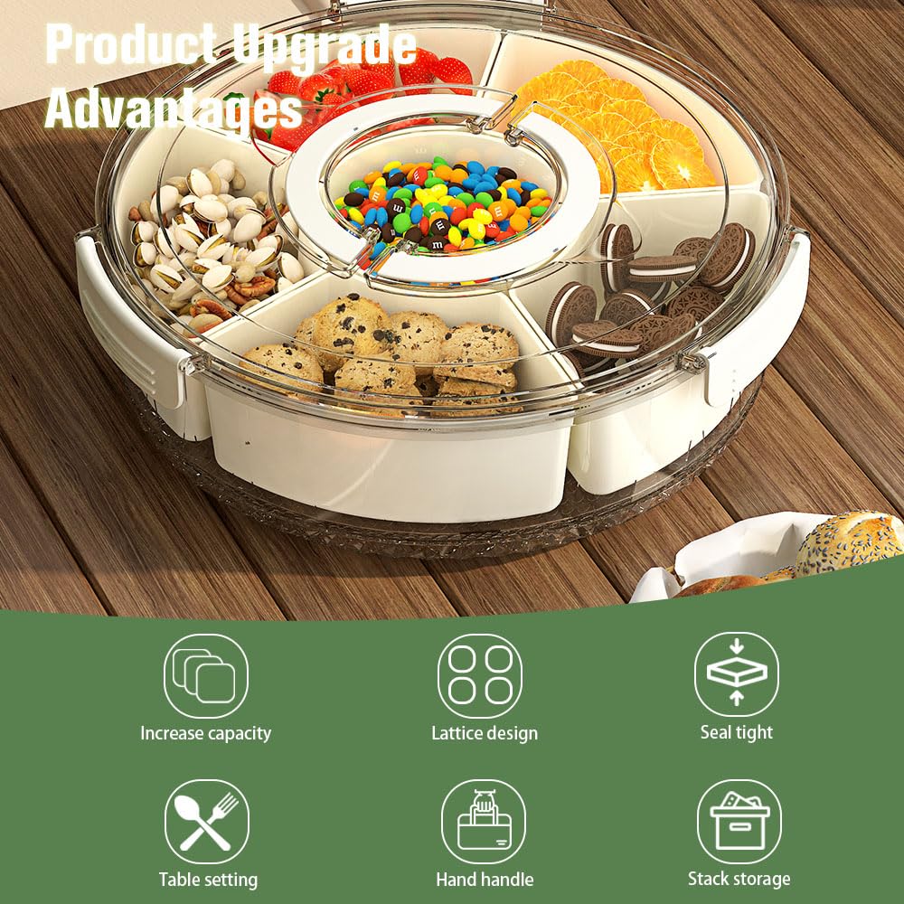 Transport Servierset mit 6 Schalen, Snackbox mit Fächern Groß, Rund Snackbox Drehbar mit Deckel und Griff, Snackteller Transportbox Aufbewahrungsbox für für Party, Picknick