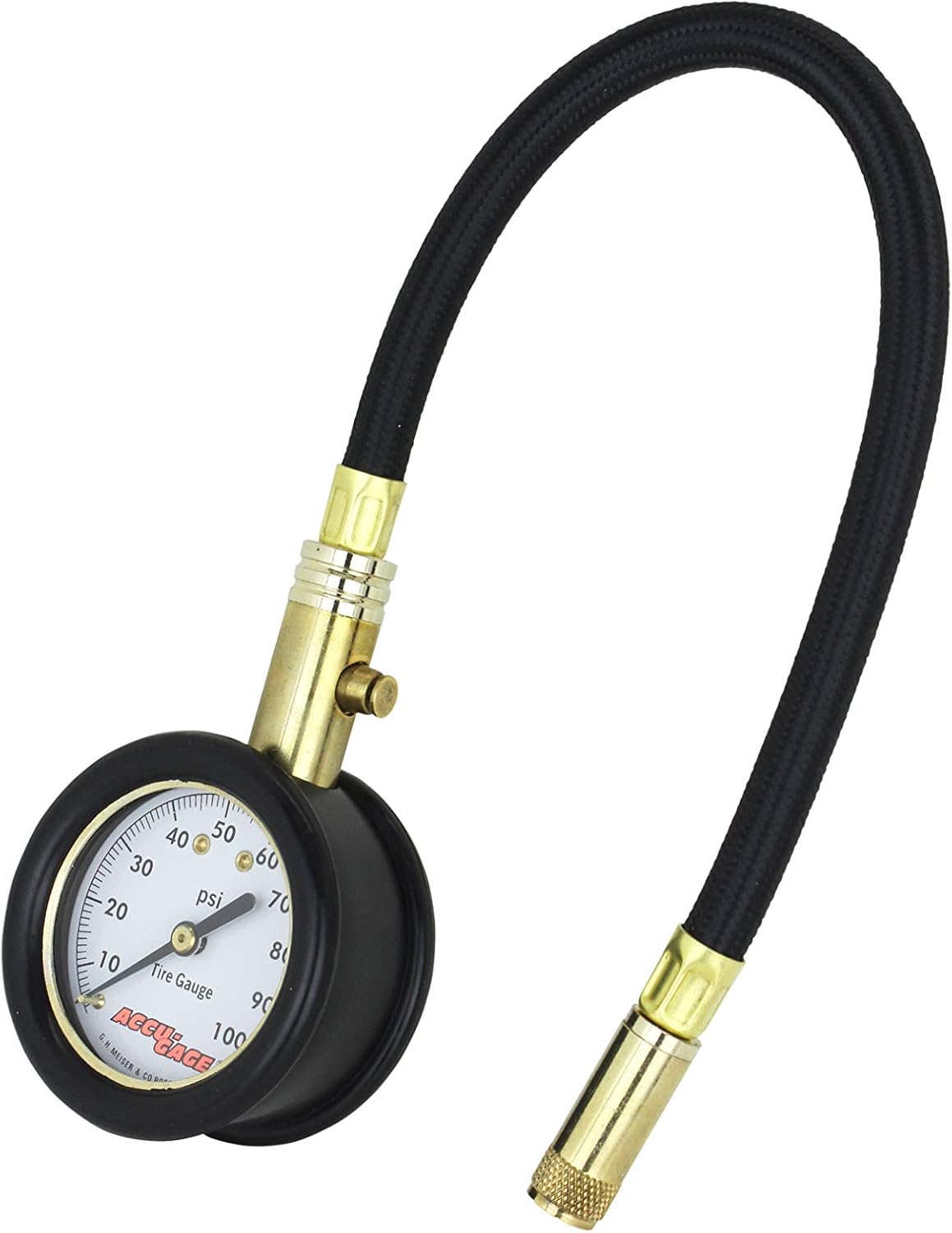 Accu-gage by Milton Dial Tire Pressure Gauge with Straight Air Chuck and 11 in. Braided Hose - ANSI Certified for Motorcycle/Car/Truck Tires (0-100 PSI) : Automotive