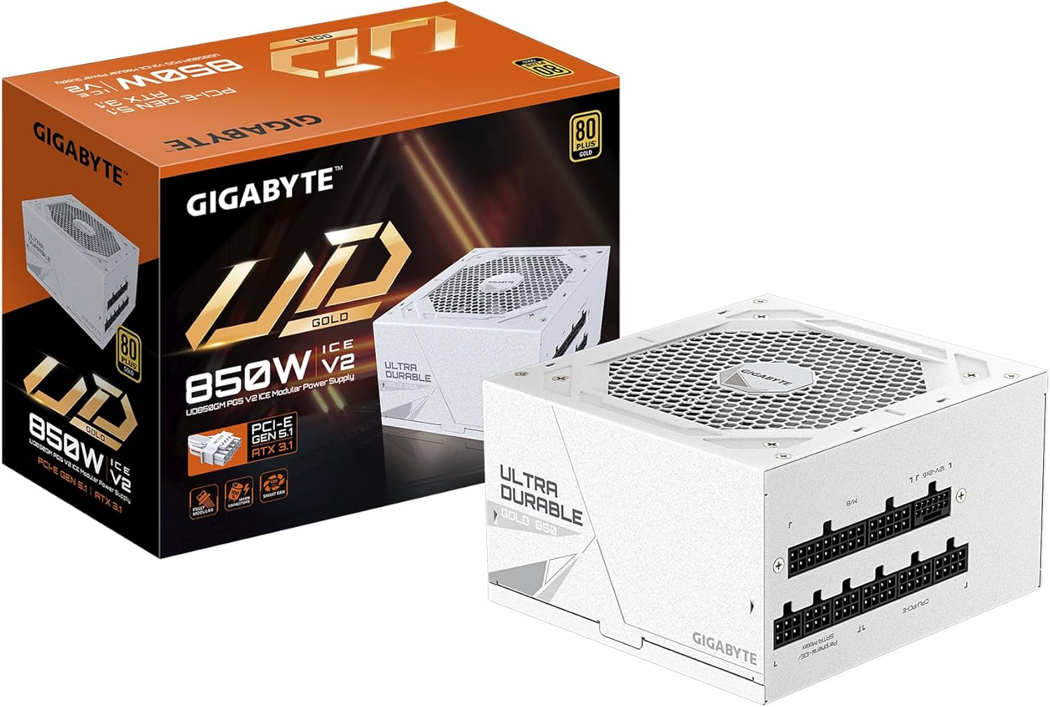 GIGABYTE UD850GM PG5 V2 ICE - 850W 80 Plus Gold Certified - PCIe5.1 Ready - ATX3.1 - Fully Modular Power Supply (GP-UD850GM PG5 ICE)