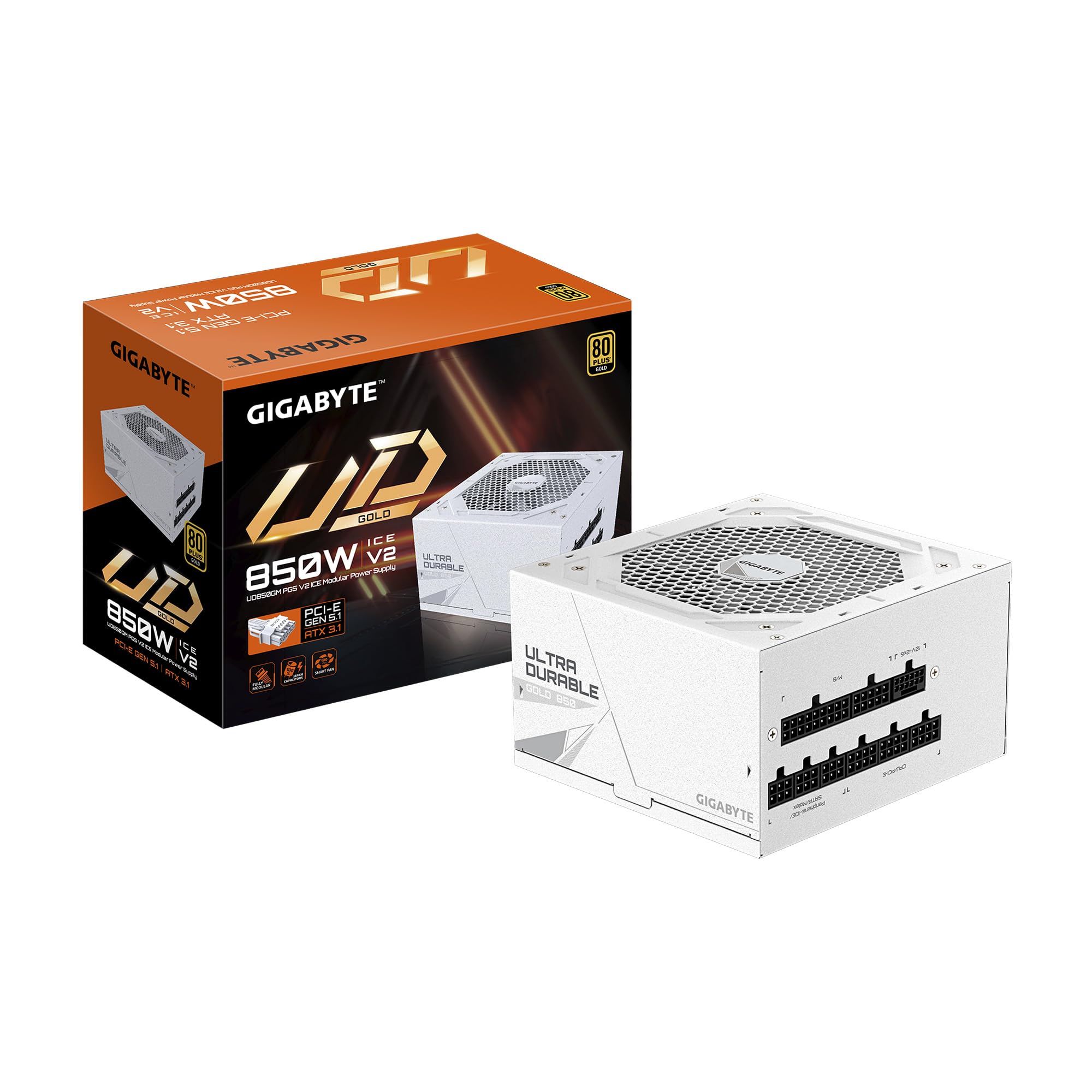 GIGABYTE UD850GM PG5 V2 ICE - 850W 80 Plus Gold Certified - PCIe5.1 Ready - ATX3.1 - Fully Modular Power Supply (GP-UD850GM PG5 ICE)