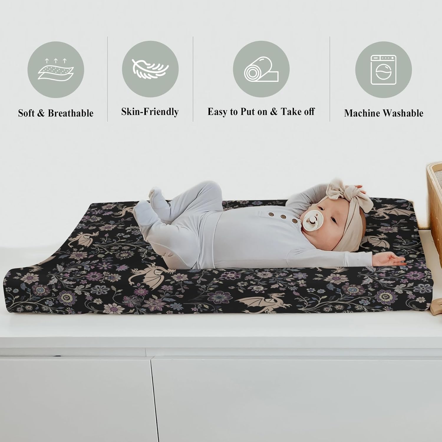 Fantasy Floral Dragons Changing Pad Covers for Baby Girls Boys Fairytale Dragon Gothic Black Purple Flowers Fitted Changing Table Cover Mats Myth Animal Soft Diaper Changing Table Sheets 32''×16''
