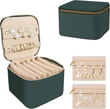 WOOMADA Travel Jewelry Case, Portable Jewelry Box with 6 Velvet Jewelry Zipper Pockets,Gift Idea for Womendark green