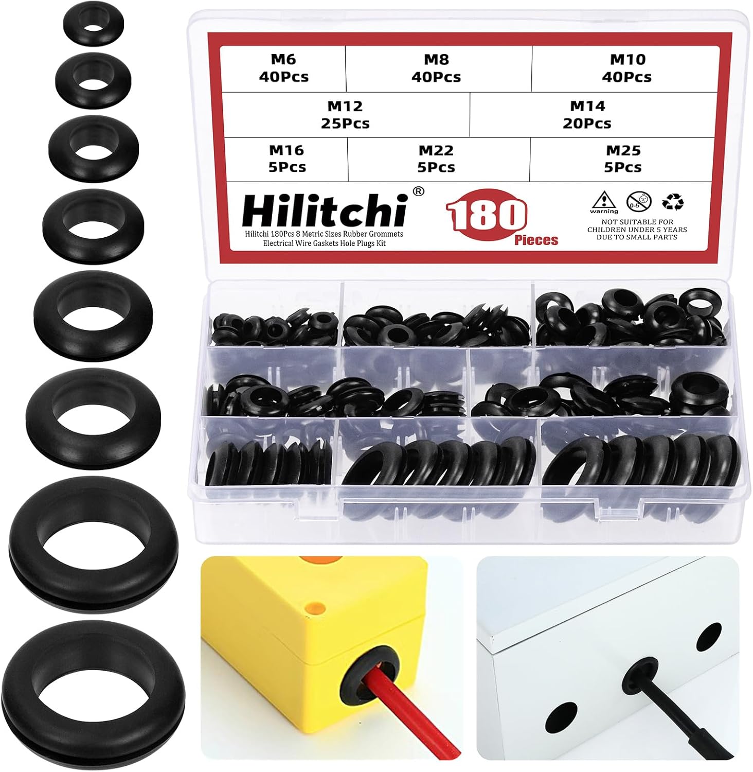 Hilitchi 180Pcs 8 Sizes Rubber Grommet Assortment Kit, Desk Grommet