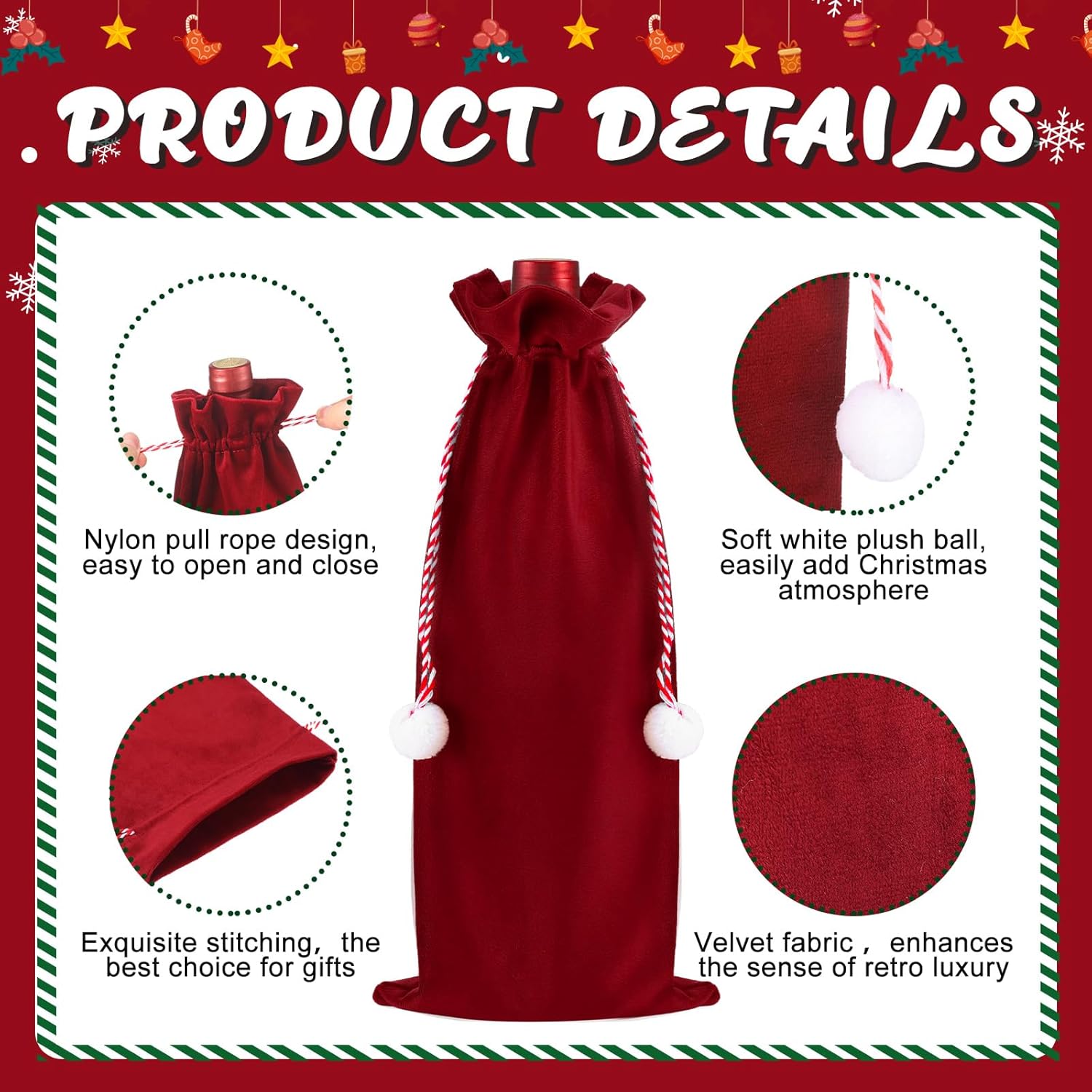 Honeydak 10 Pcs Christmas Velvet Wine Bags Xmas Wine Gift Bottle Cover with Drawstring and Hair Ball Bottle Bags for Christmas Housewarming Wedding Birthday Holiday(Red) - Image 3