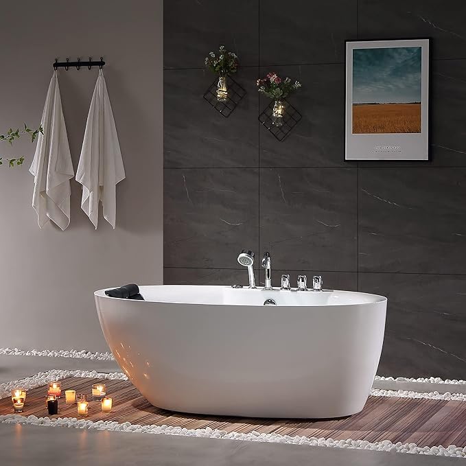 Empava 67 Inch Freestanding Whirlpool Tub -Hydromassage Gracefully Oval Shaped Stand Alone Jetted Bathtub with 7 Hydromassage Nozzles, Boat Shape, Hydromassage, Acrylic,ETL Certified
