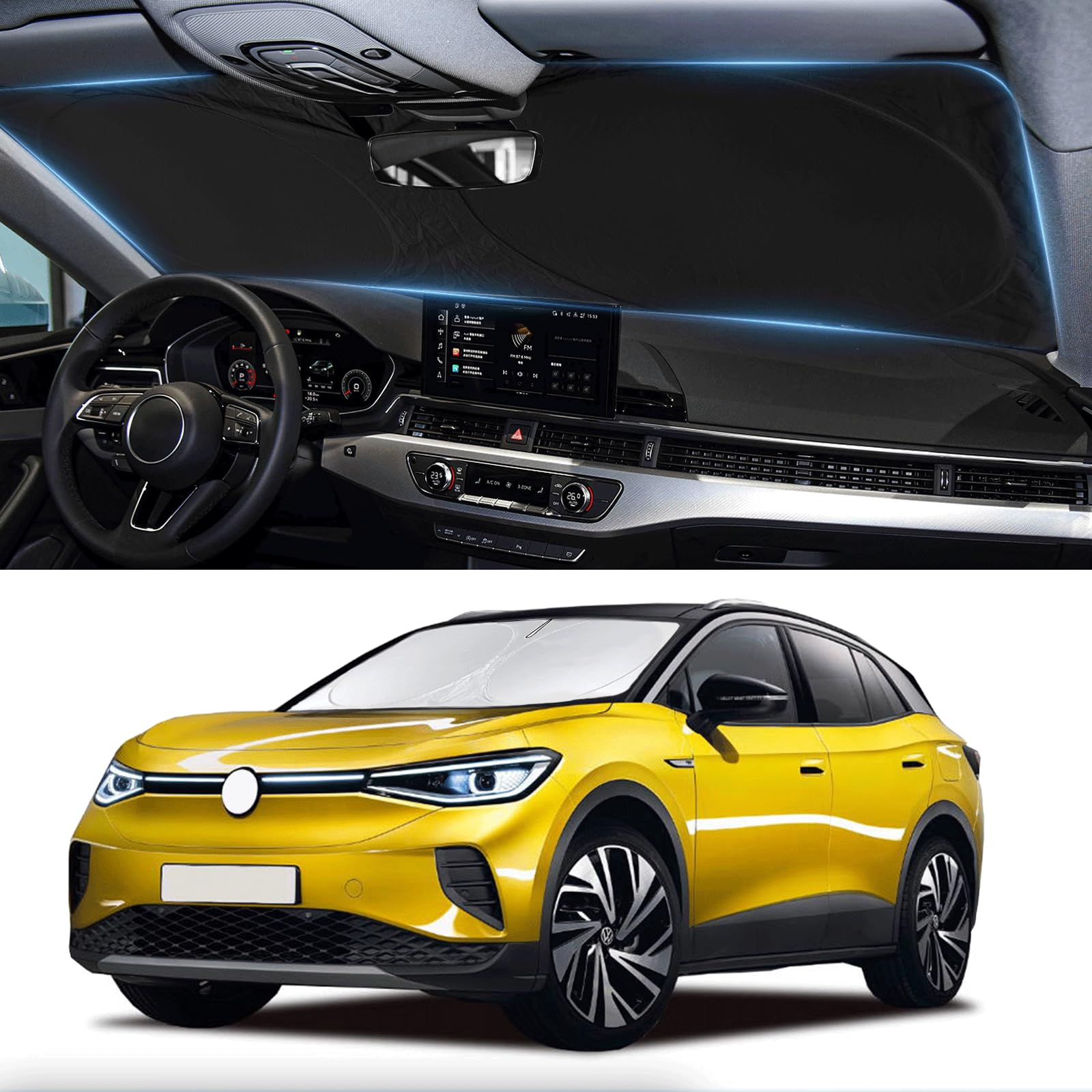 Custom Fit VW ID.4 Windshield Sunshade for 2021-2022 2023 2024 2025 VW ID.4 for Volkswagen Accessories Front Window Shield Cover for Windshield Sun Visor Protector Blocks UV Keeps Car Cool