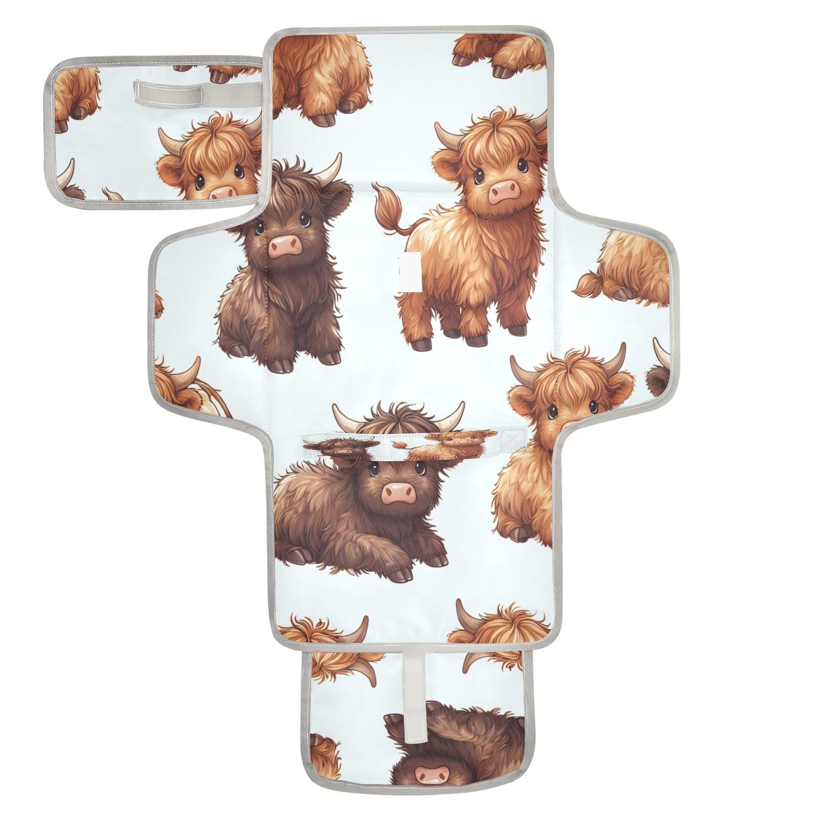 xigua Highland Cows Portable Diaper Changing Pad, Waterproof Baby Changing Mat with Storage Pocket & Built-in Pillow, Foldable Travel Pad, Newborn Gift Set for Boy Girl