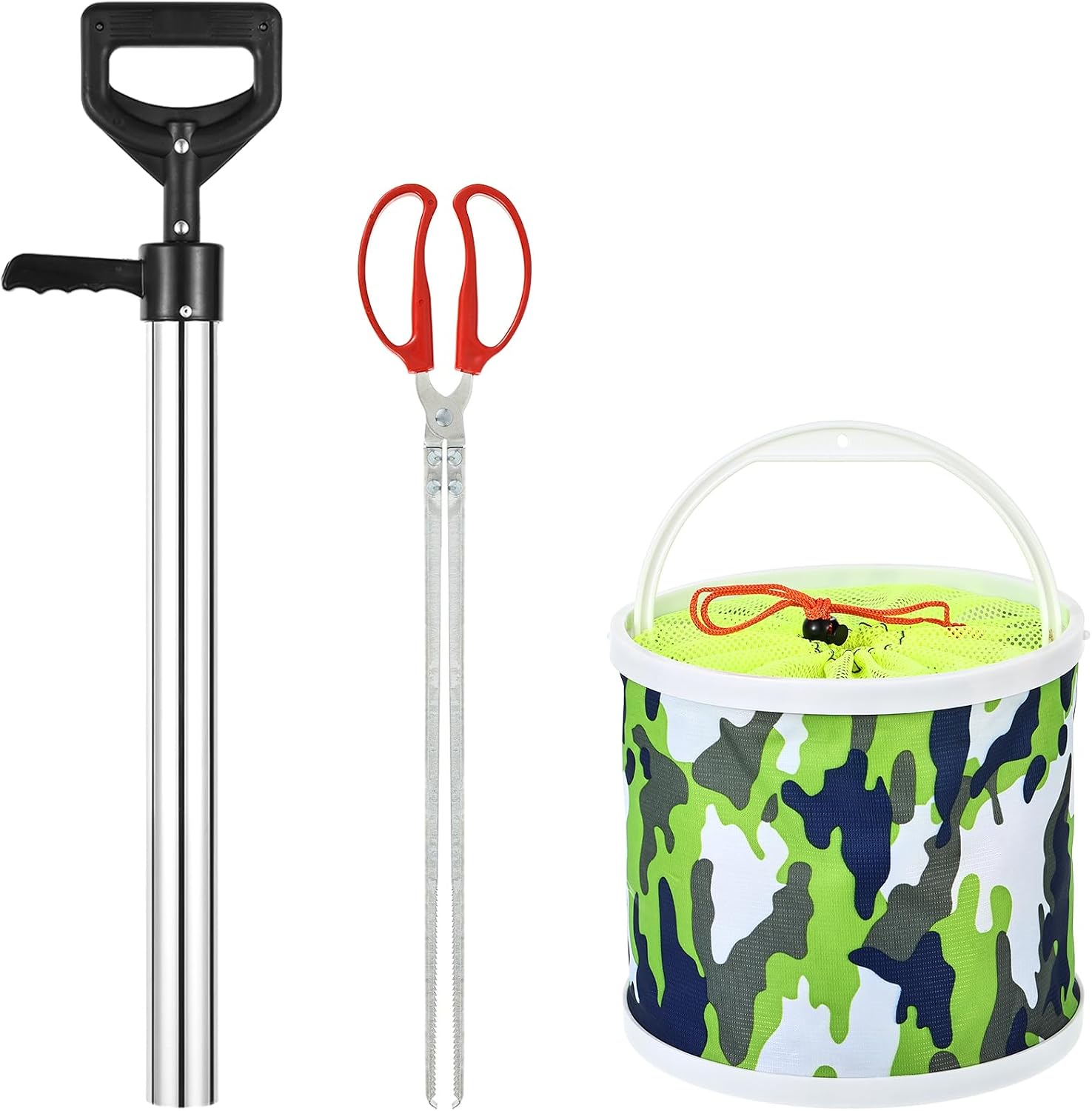 3 Pack Beach Shrimp Catching Tool Kit, Stainless Steel Ghost Shrimp Pump Extractor, Long Handle Serrated Seafood Tongs, 7L Collapsible Camo Bucket for Clam Razor Clam Harvest