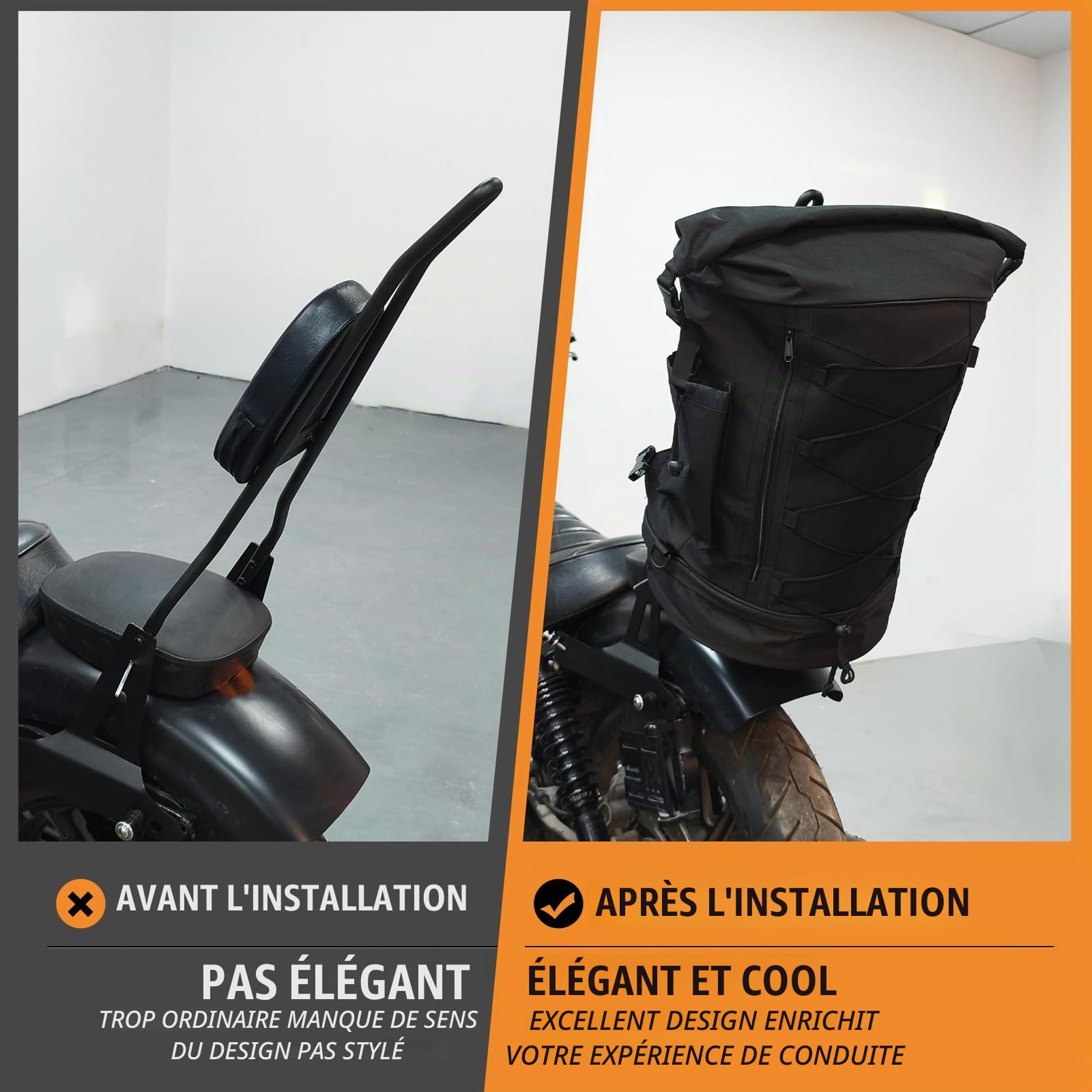 Sac à Dos de Moto Sissy Bar - Grande capacité - Extensible - 50 à 80 l - avec Housse de Pluie et bandoulière - Ajustement Universel pour Harley Yamaha Suzuki Kawasaki | Capacité 50-80L, design extensible, housse de pluie et bandoulière, convient pour Harl