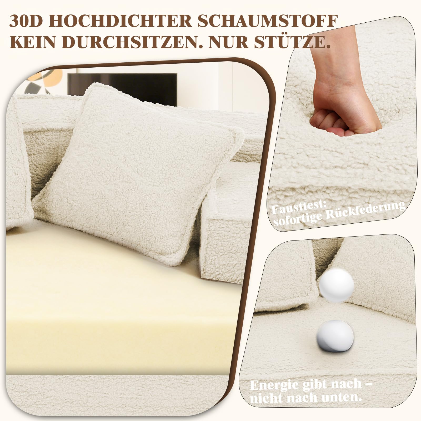 COMHOMA Sofa, modulares Schlafsofa, Polstersofa, 3-Sitzer Sofa, Flexible Sektionscouch,mit Aufbewahrungstasche, Couch mit schlaffunktion, Keine Montage erforderlich, Sherpa-Kunstfell-Bezug, Beige