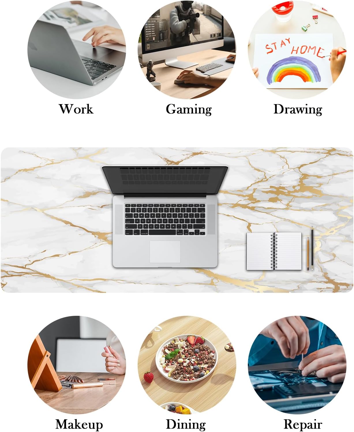 Mrcrypos Large Mouse Pad White Gold Marble Desk Mat for Desktop,Waterproof Desk Pad with Stitched Edges,Computer Keyboard Gaming Mouse Pads for Women Office Home 31.5" x 11.8"