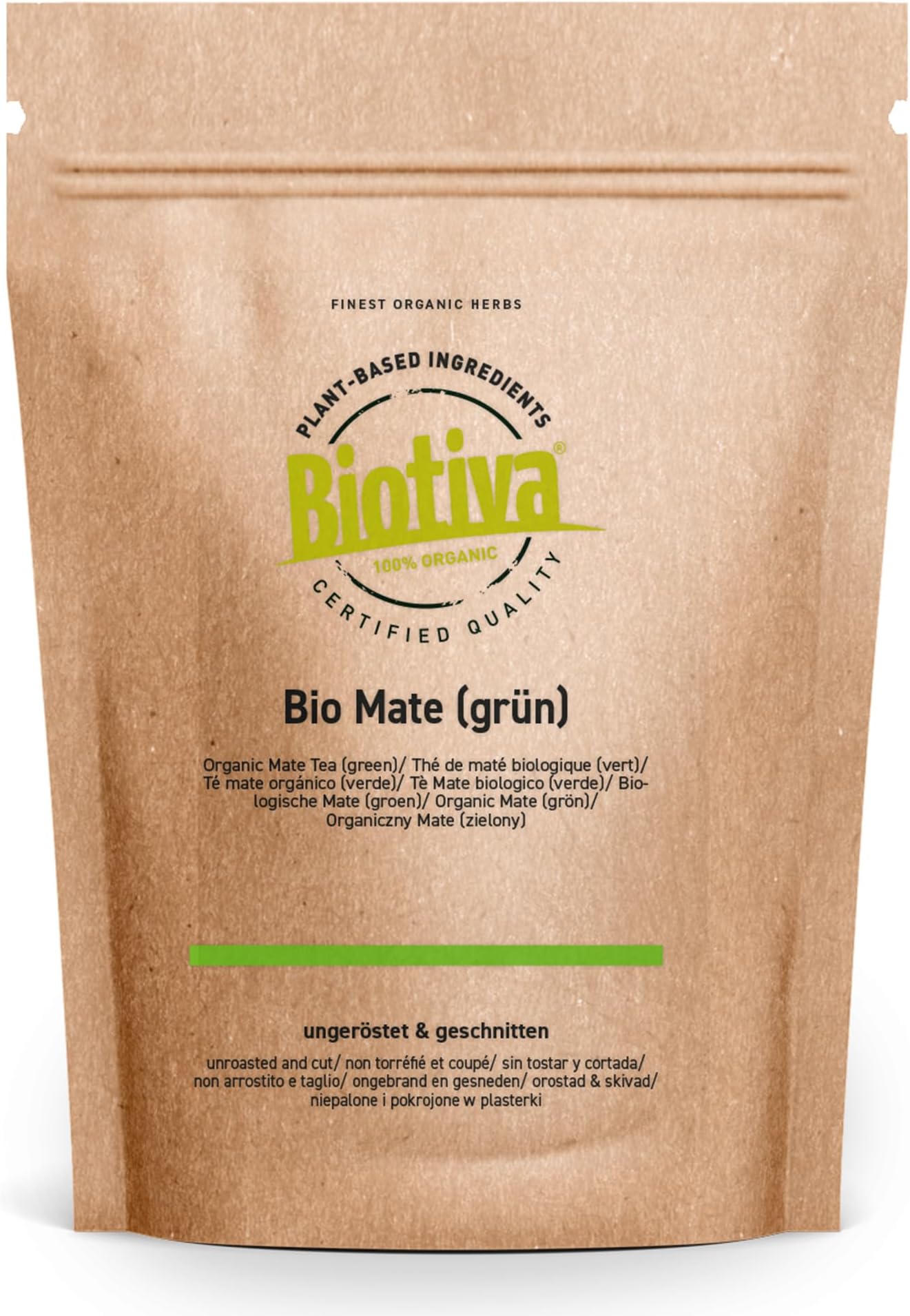 Biotiva Mate Tea Organic 500g - Unroasted green Mate tea - Cafeeinated Yerba Mate leaves - Organic cultivation - Packed and controlled in Germany