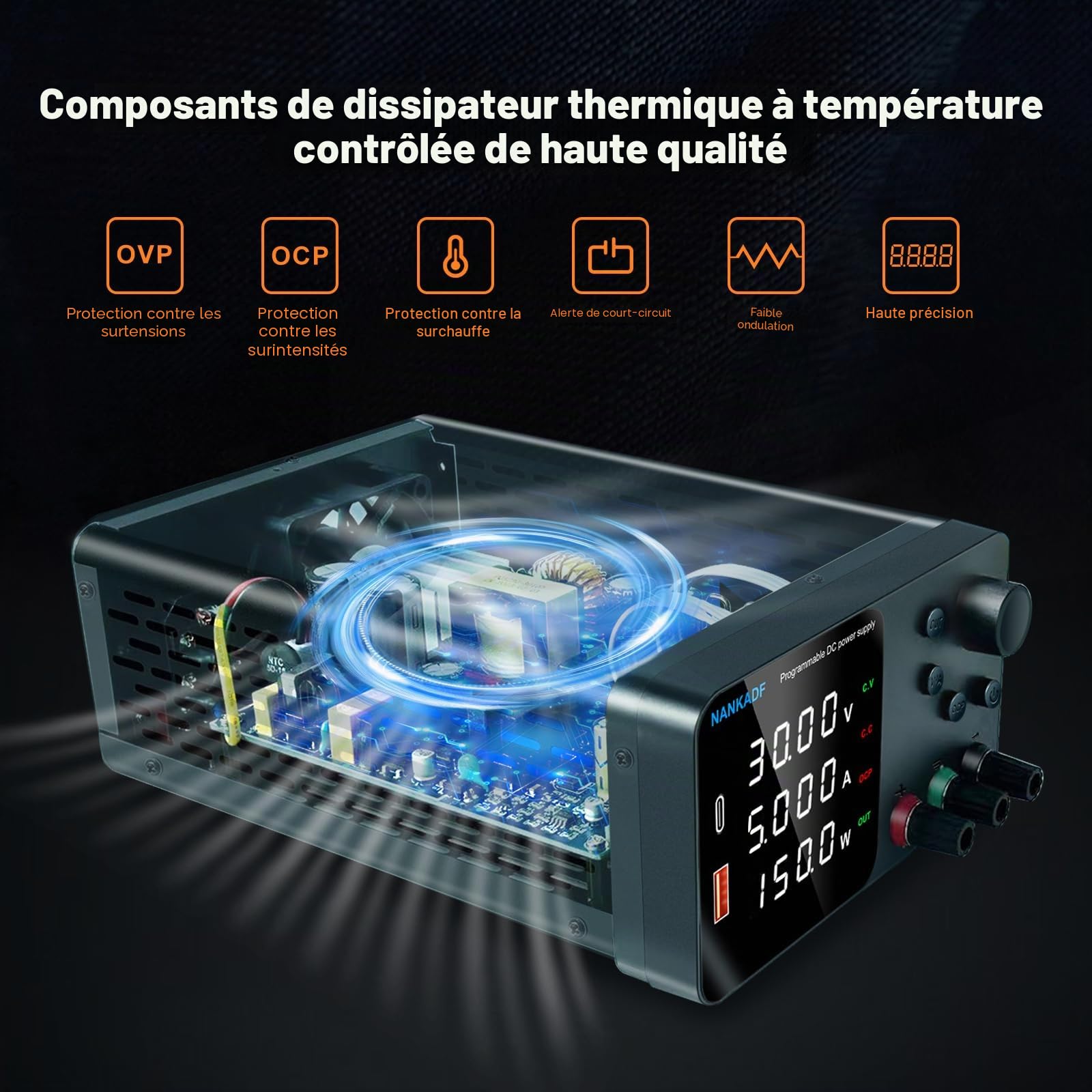 Alimentation de Laboratoire, Alimentation DC Ajustable avec Interface USB-A/Type-c, Bouton de réglage du codeur pour la Maintenance des équipements électroniques et de Laboratoire (30V 5A)