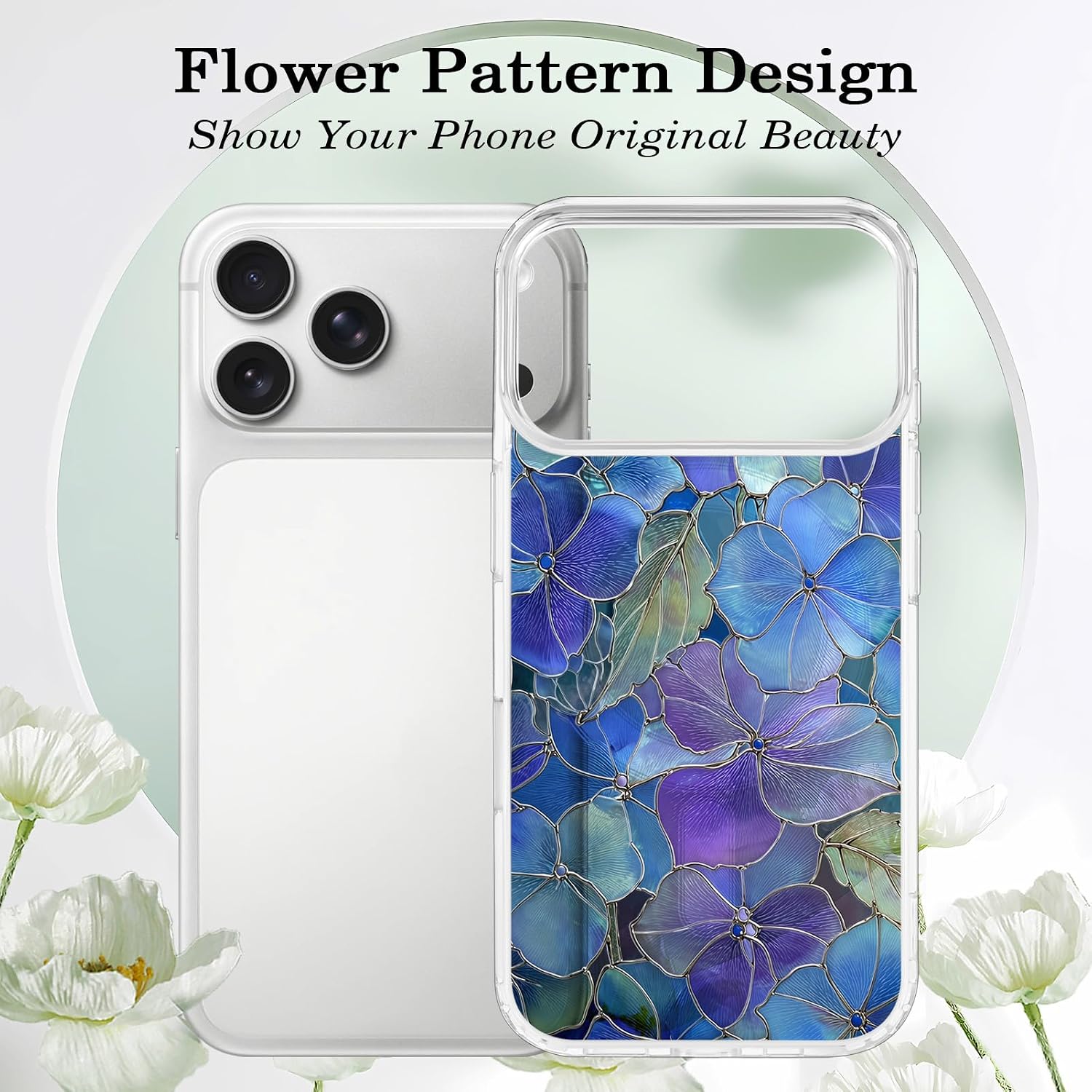 For iPhone 17 Pro Floral Case, Nice Clear Magnetic Cover, Blue Hydrangea image 2