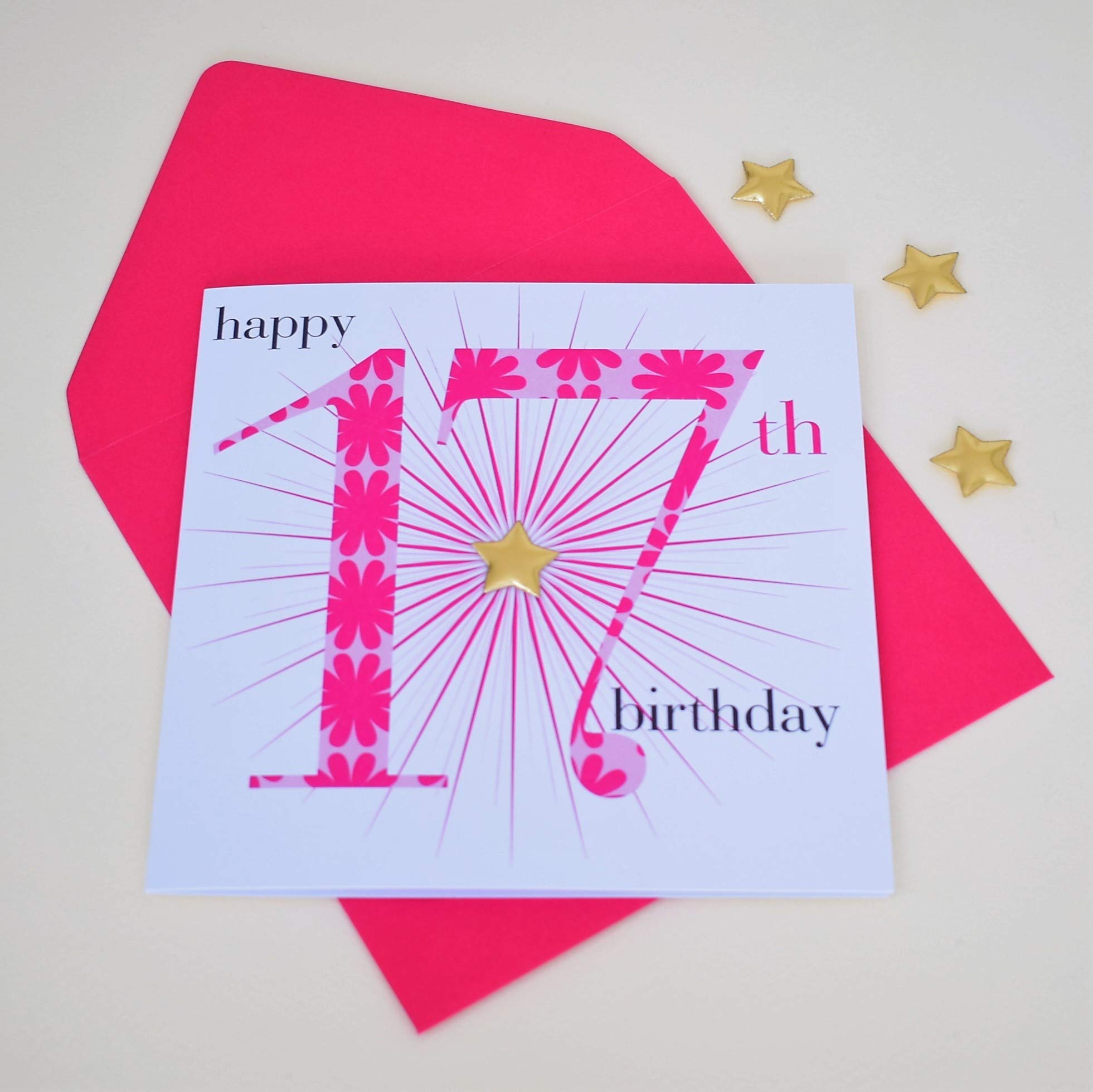 Biglietto Auguri Compleanno 17 Anni Per Ragazza – Cartolina Con Stella Oro E Busta Rosa - 2