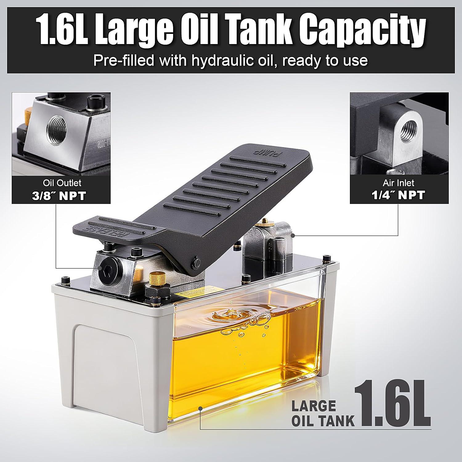 Air Hydraulic Pump, 10,000 PSI, NPT 3/8" Outlet & 1/4" Inlet, Foot Pedal Hydraulic Pumps with 6.6 ft Hose and Hydraulic Coupler, for Hydraulic Press, Rams & Frame Machine, Grey