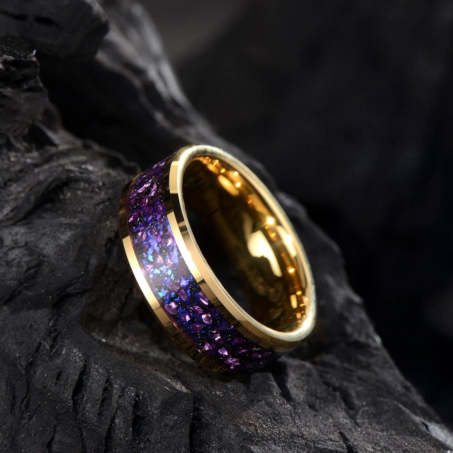 8mm Men's Gold Galaxy Ring, Tungsten Wedding Band with Purple Blue Opal and Chamfered Sparkling Finish - Comfortable Size 7-14, Comes in a Beautiful Gift Box - Image 2