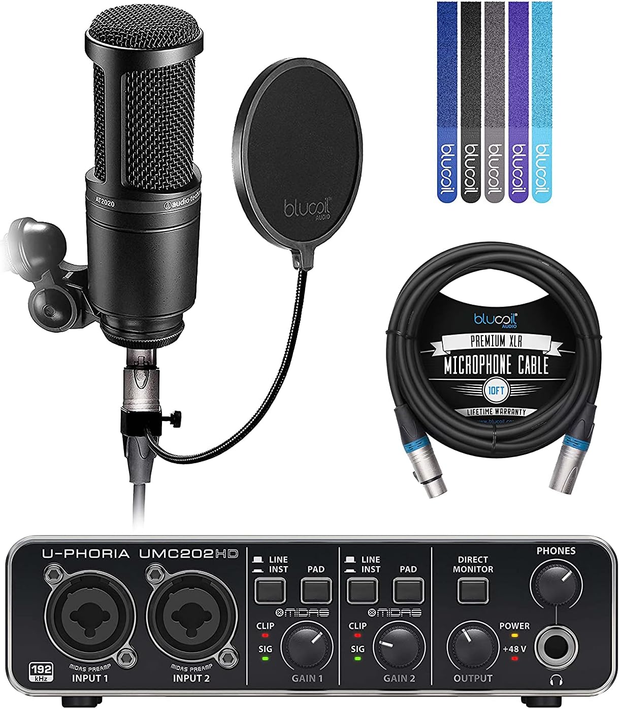 Audio Technica AT2020 Cardioid Condenser Microphone Bundle with Behringer U-PHORIA UMC202HD USB Audio Interface for Windows & Mac, Blucoil 10-FT Balanced XLR Cable, Pop Filter, and 5X Cable Ties