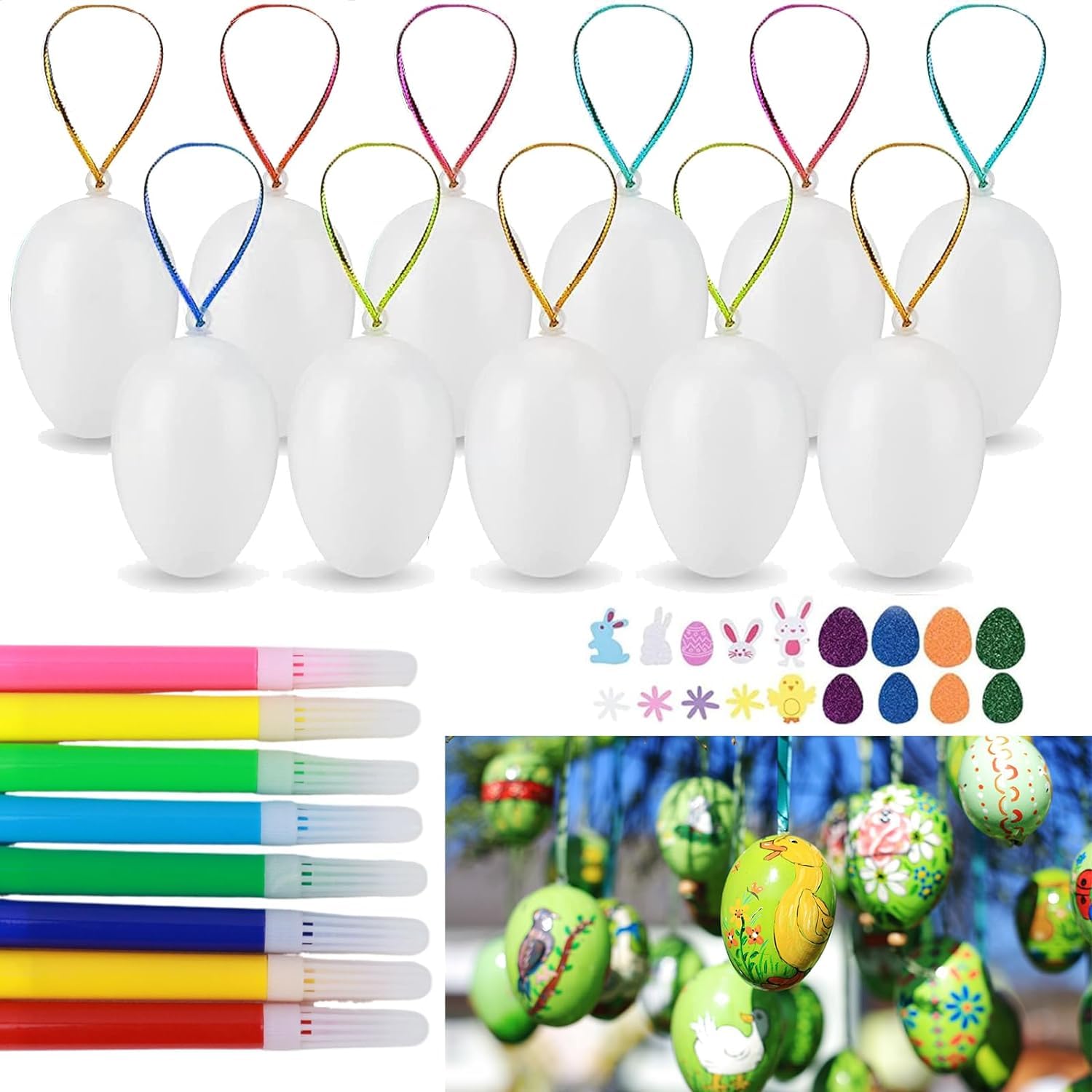 FYKERO 24PCS DIY Easter Hanging Eggs - with Ropes, Stickers, and 12 Color Pens, Easter Party Supplies Home Hanging Decoration, Easter Craft Egg, Easter Hanging Decorations, Plastic Easter Egg