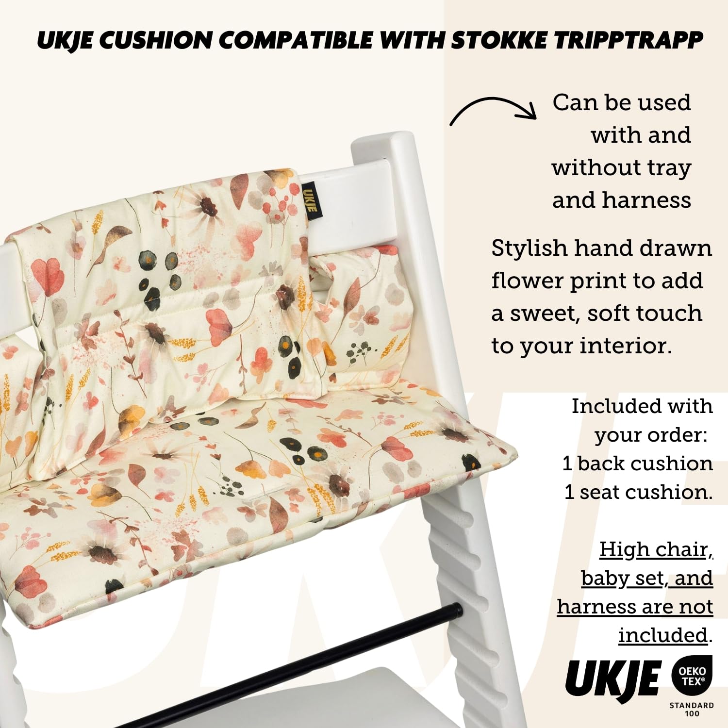 UKJE Cushion Compatible with Stokke Tripp Trapp - Soft Seat for Infants, Babies & Toddlers, High Chair Accessories, Cotton Fabric Insert, Easy to Install, Handmade in Europe (Wild Flowers)