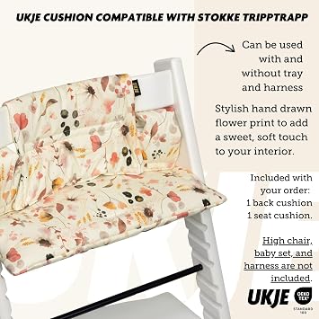 UKJE Replacement Cushion Compatible with Stokke Tripp Trapp - Soft Seat for Infants, Babies & Toddlers, High Chair Accessories, Cotton Fabric Insert, Easy to Install, Handmade in Europe (Wild Flowers)