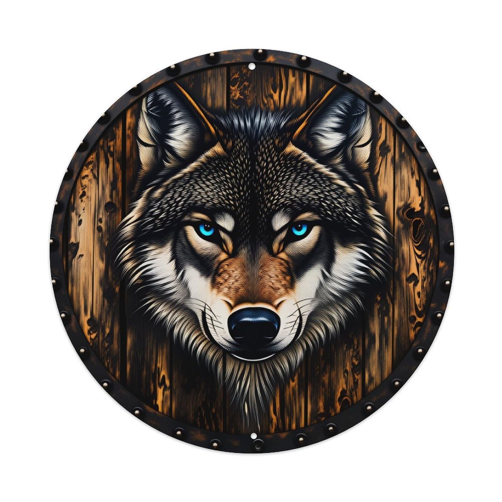 Jdyaojiesheng Vintage Wolf Face On Wood Background Round Tin Sign Retro Metal Wall Decor Metal Poster, Home Bar Garage Farmhouse Cafe Wall Art Decoration 8X8inches