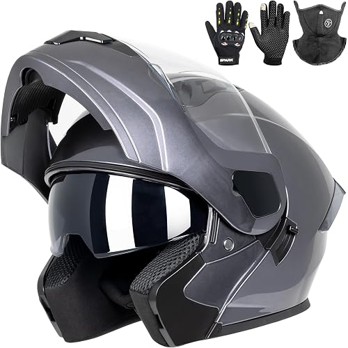 Adult Modular Motorcycle Helmets, DOT Approved Flip up Dual Visor Full Face Helmet for Men Women Moto ATV UTV Snowmobile ADV Four Wheeler Street Bike with Gloves & Mask