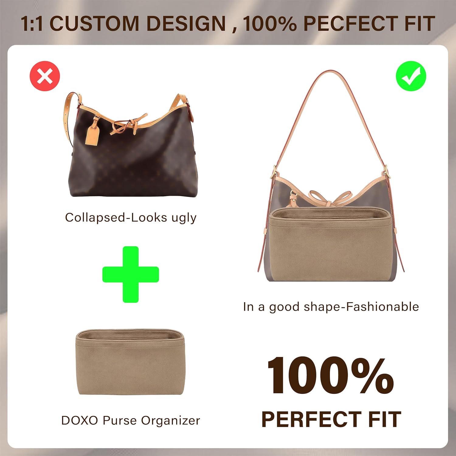 Doxo Velvet Purse Organizer Insert for LV Carryall PM, Carryall Bag Organizer Insert with Zipper Closure & YKK Zipper Pocket, Luxury Handbag Tote Lining Bag Shapers for Women (Beige, PM)