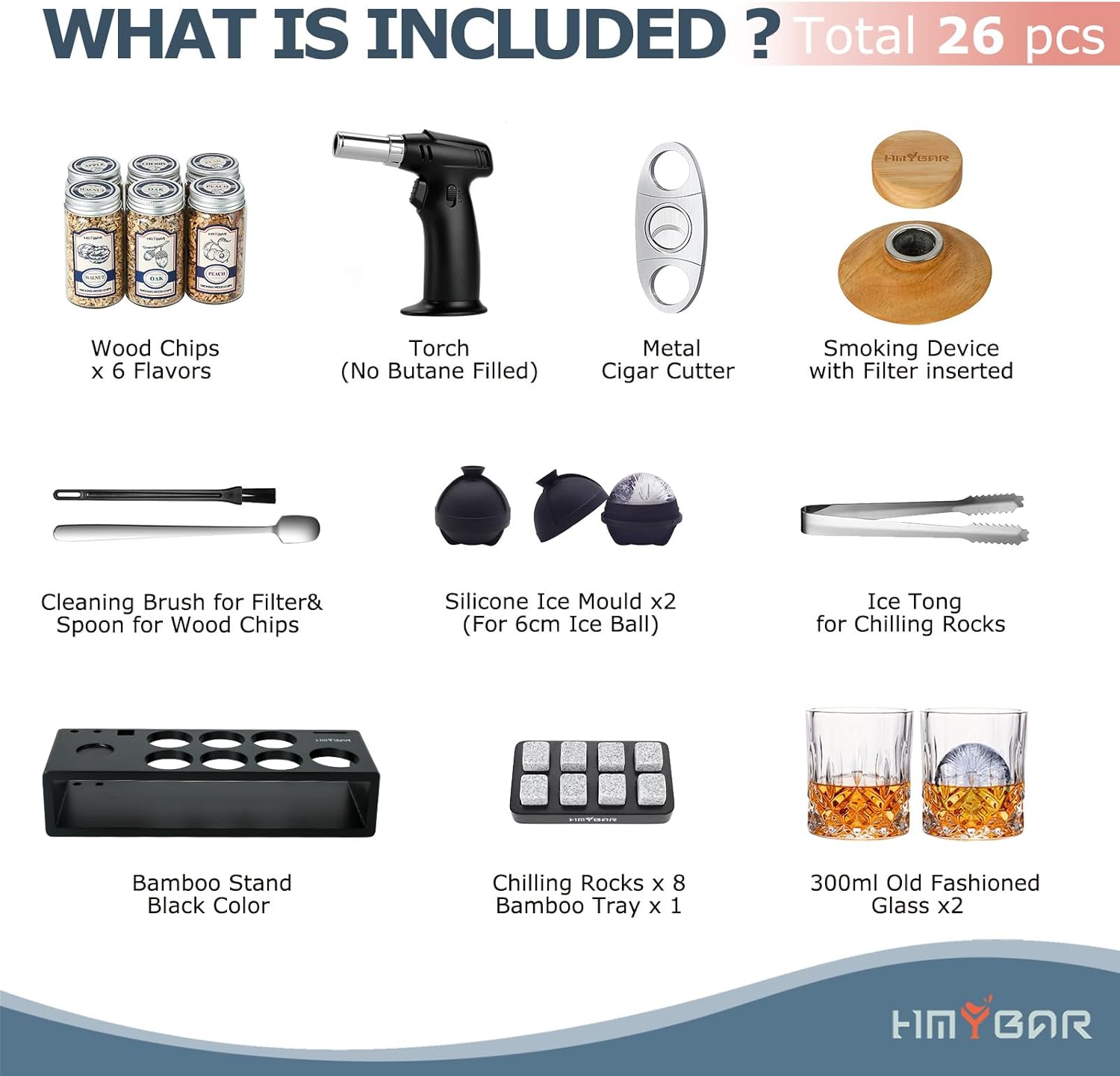 HMYBAR®26pcs Whiskey Smoker Kit with Torch | Cocktail Smoker Infuser Kit | Old Fashioned Drink Smoker Kit | Bourbon Whiskey Gift. Great Gift for Dad, Husband. Bamb Stand Black Color. (No Butane)