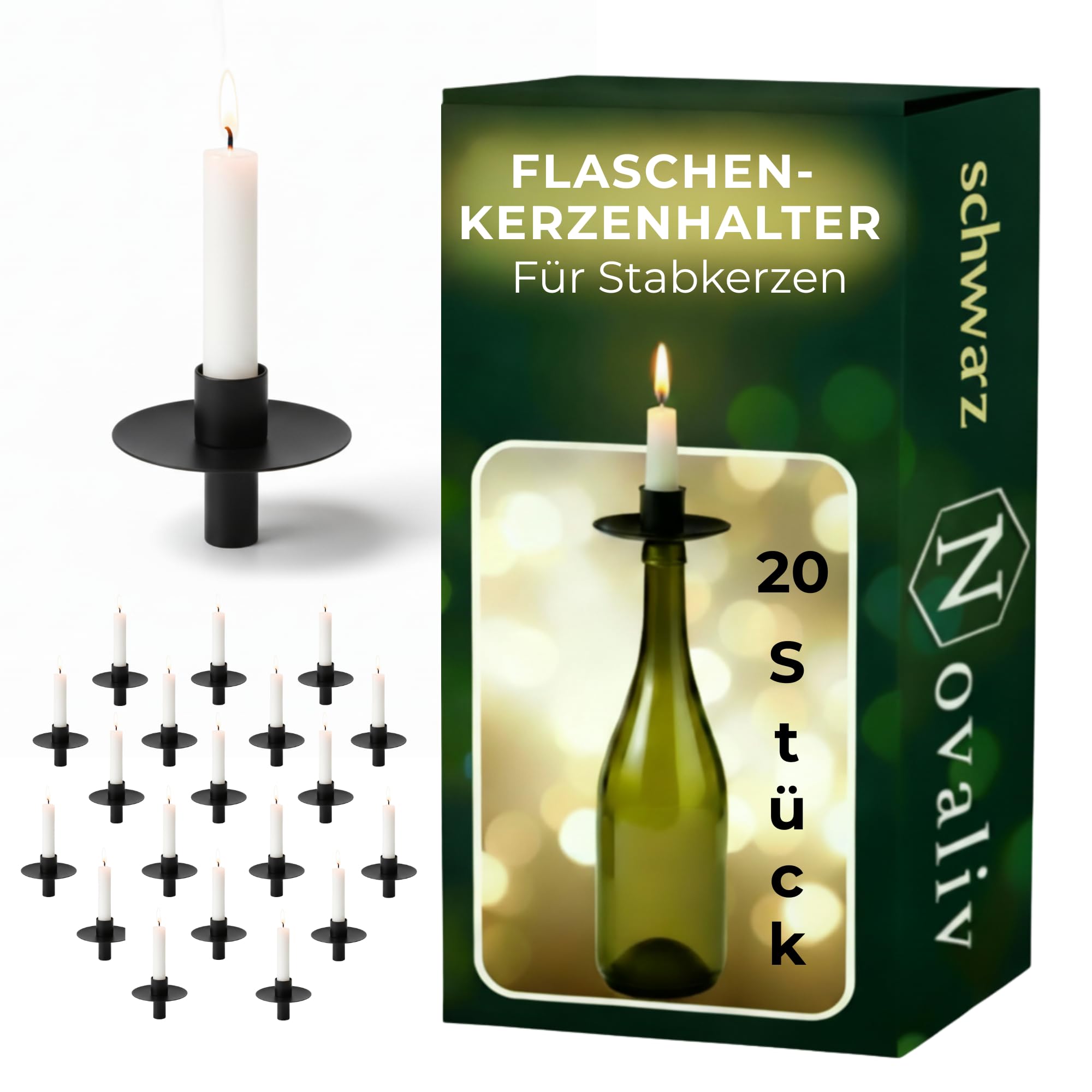 Novaliv 20x Kerzenhalter Flasche Schwarz Eisen Kerzenhalter Flaschenaufsatz für Kerzen ca. 2cm Schwarz Flaschenkerzenhalter Stabkerzen Kerzenständer Stabkerzenhalter Candle Holder Stabkerzentülle